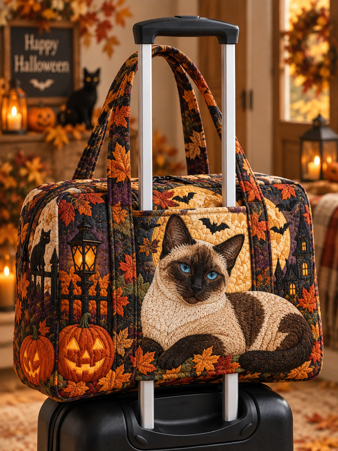 Siamese Cat Haunted Halloween Quilted Weekender Bag With Trolley Sleeve