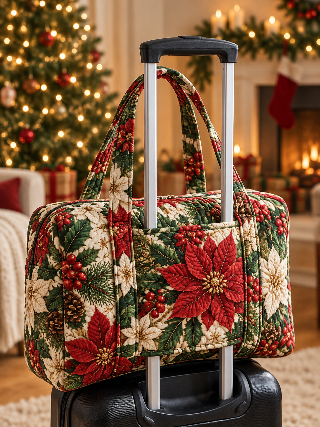 Poinsettia Christmas Floral Quilted Weekender Bag With Trolley Sleeve