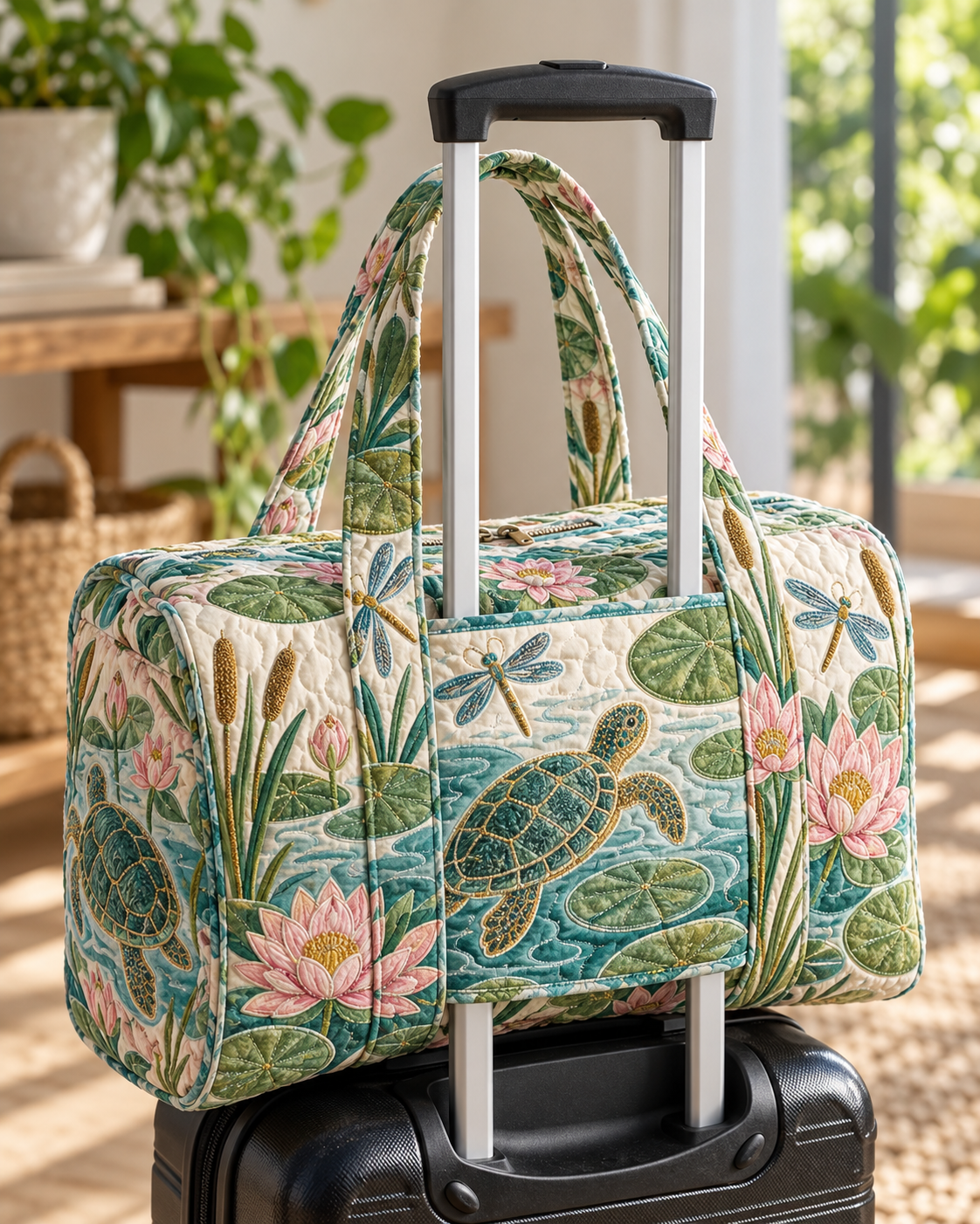 Lotus Pond Sea Turtle Quilted Weekender Bag With Trolley Sleeve