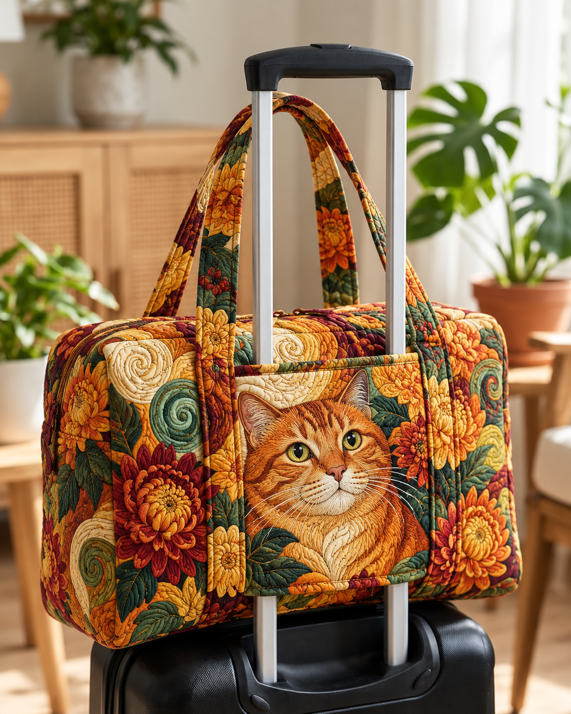 Golden Tabby Autumn Floral Quilted Weekender Bag With Trolley Sleeve