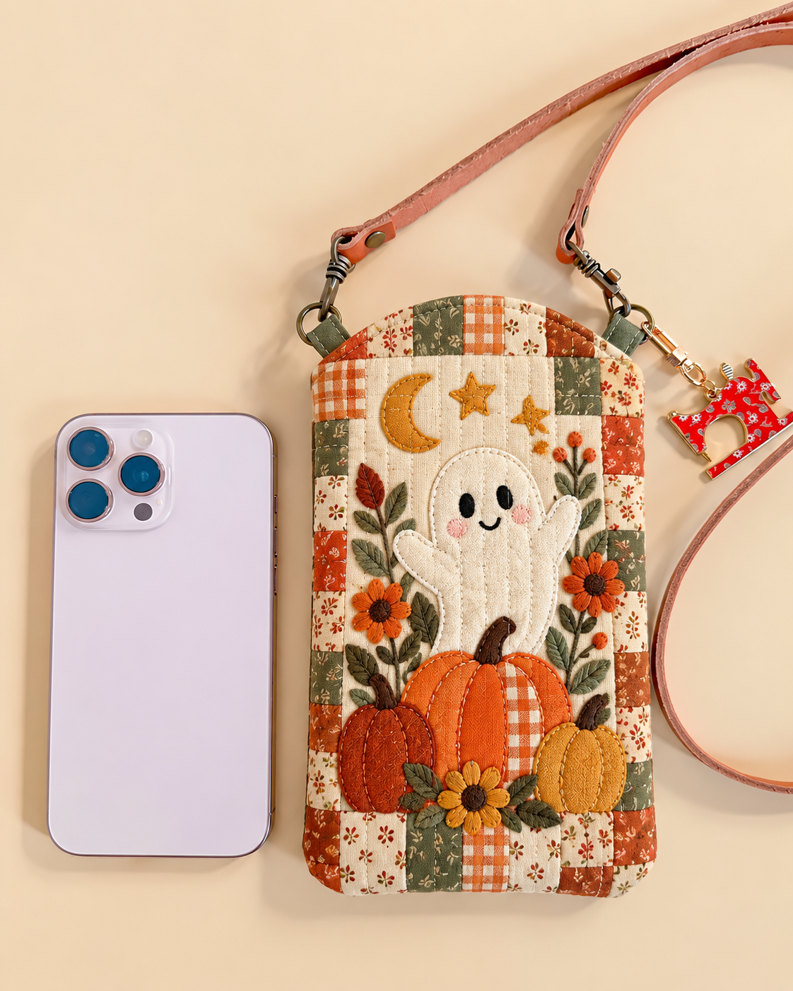 Cute Ghost Pumpkin Patch Quilted Slim Phone Crossbody Bag