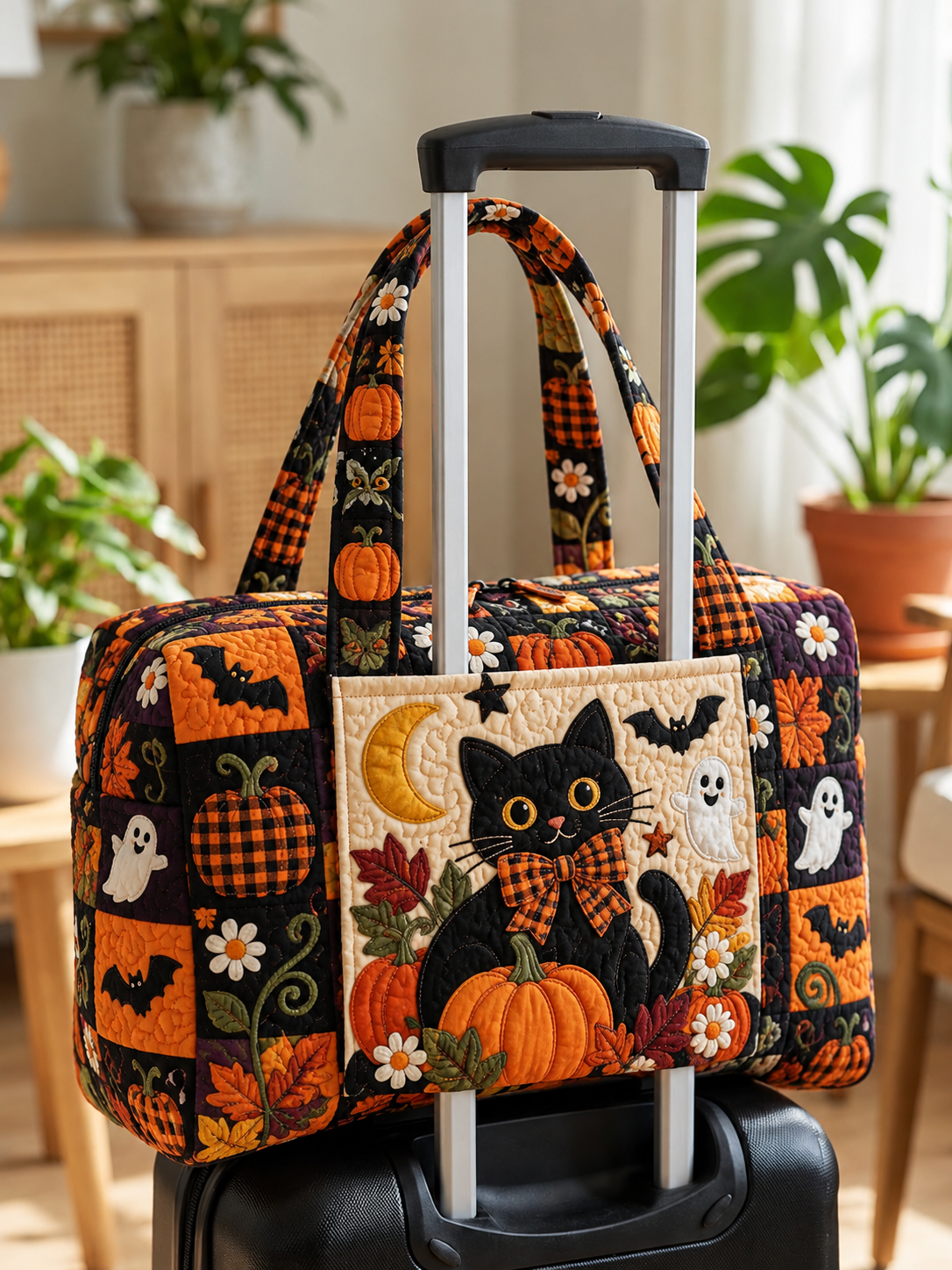 Black Cat Pumpkin Patchwork Quilted Weekender Bag With Trolley Sleeve