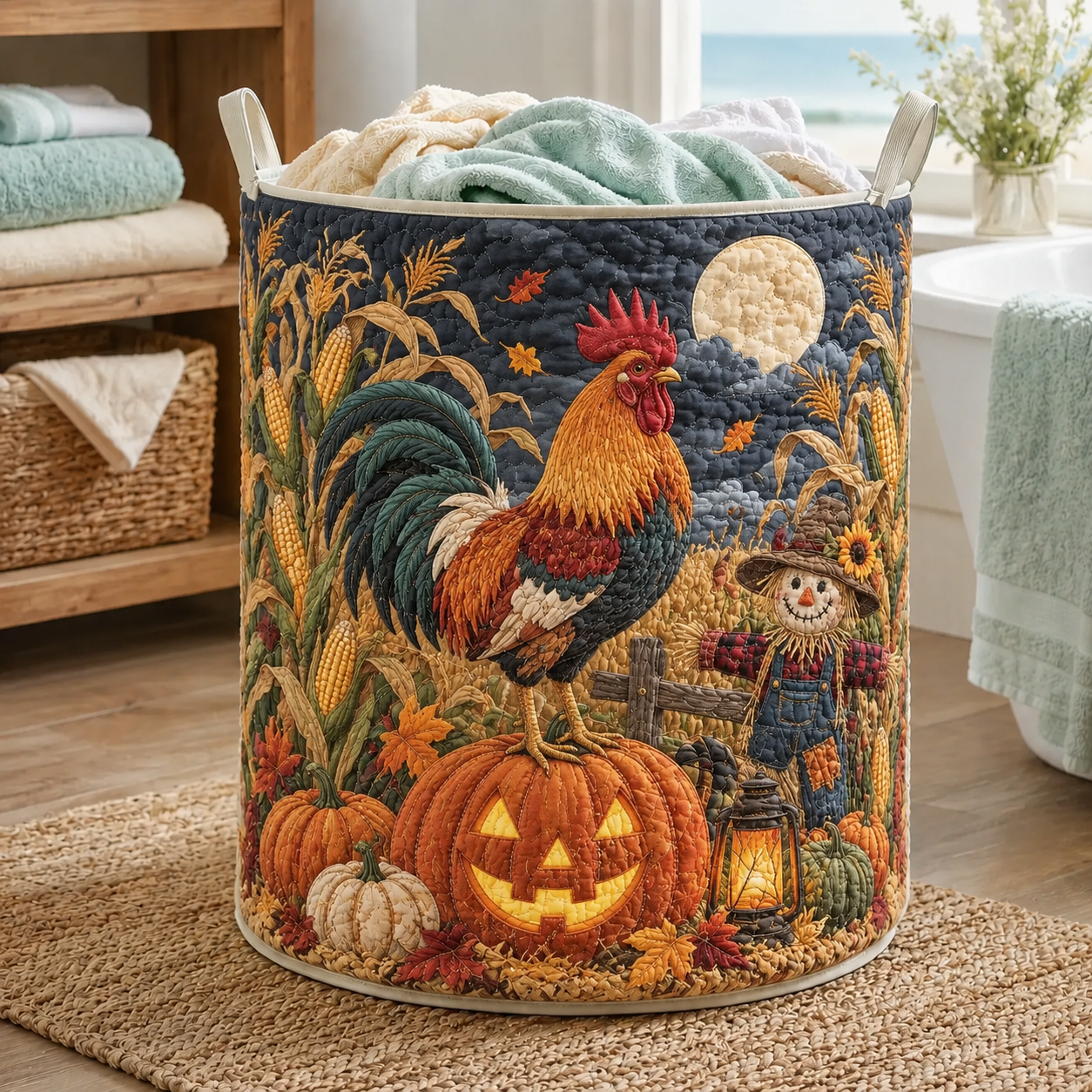 Rooster Pumpkin Harvest Quilted Laundry Basket