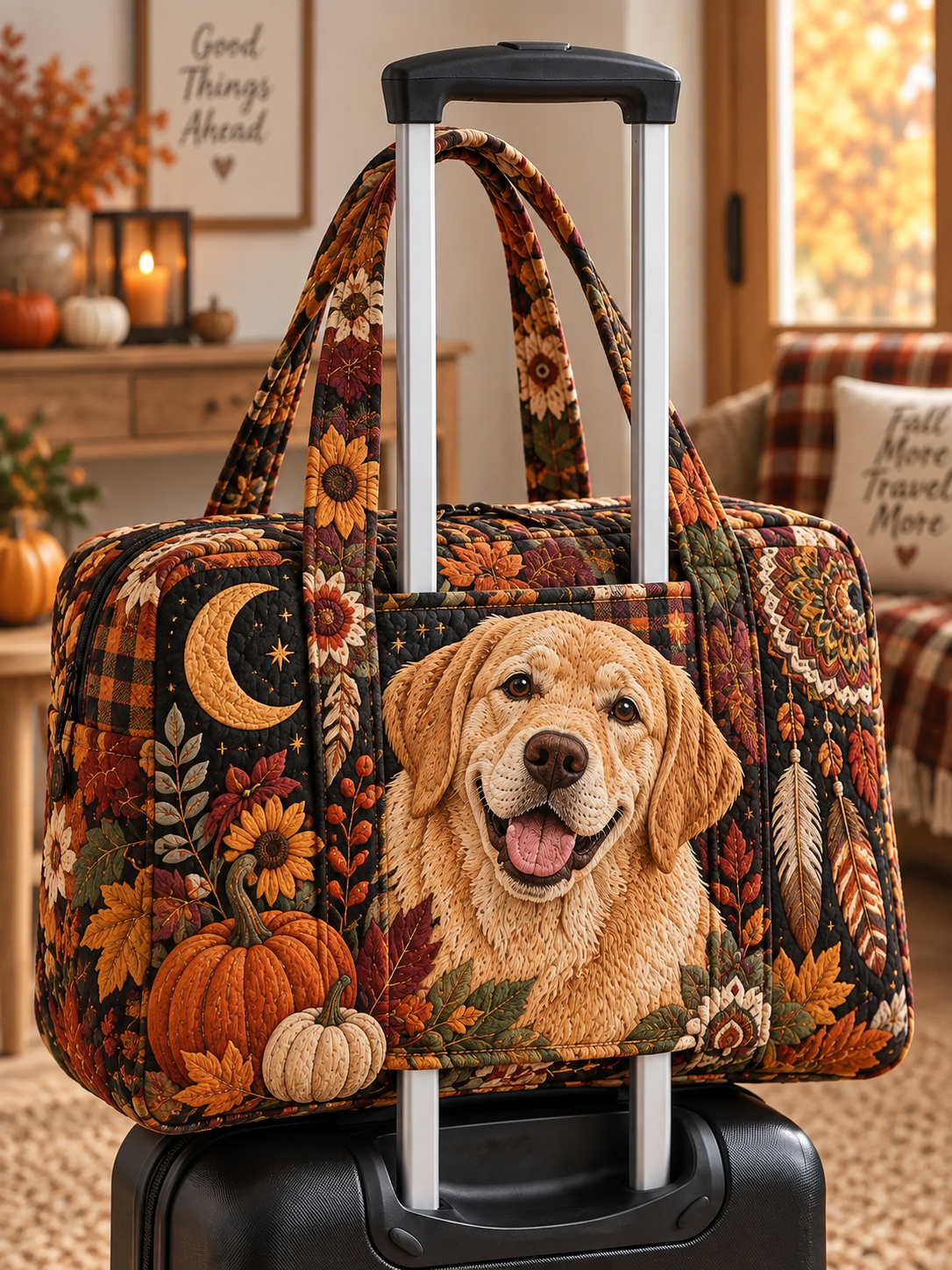 Golden Retriever Autumn Pumpkin Quilted Weekender Bag With Trolley Sleeve
