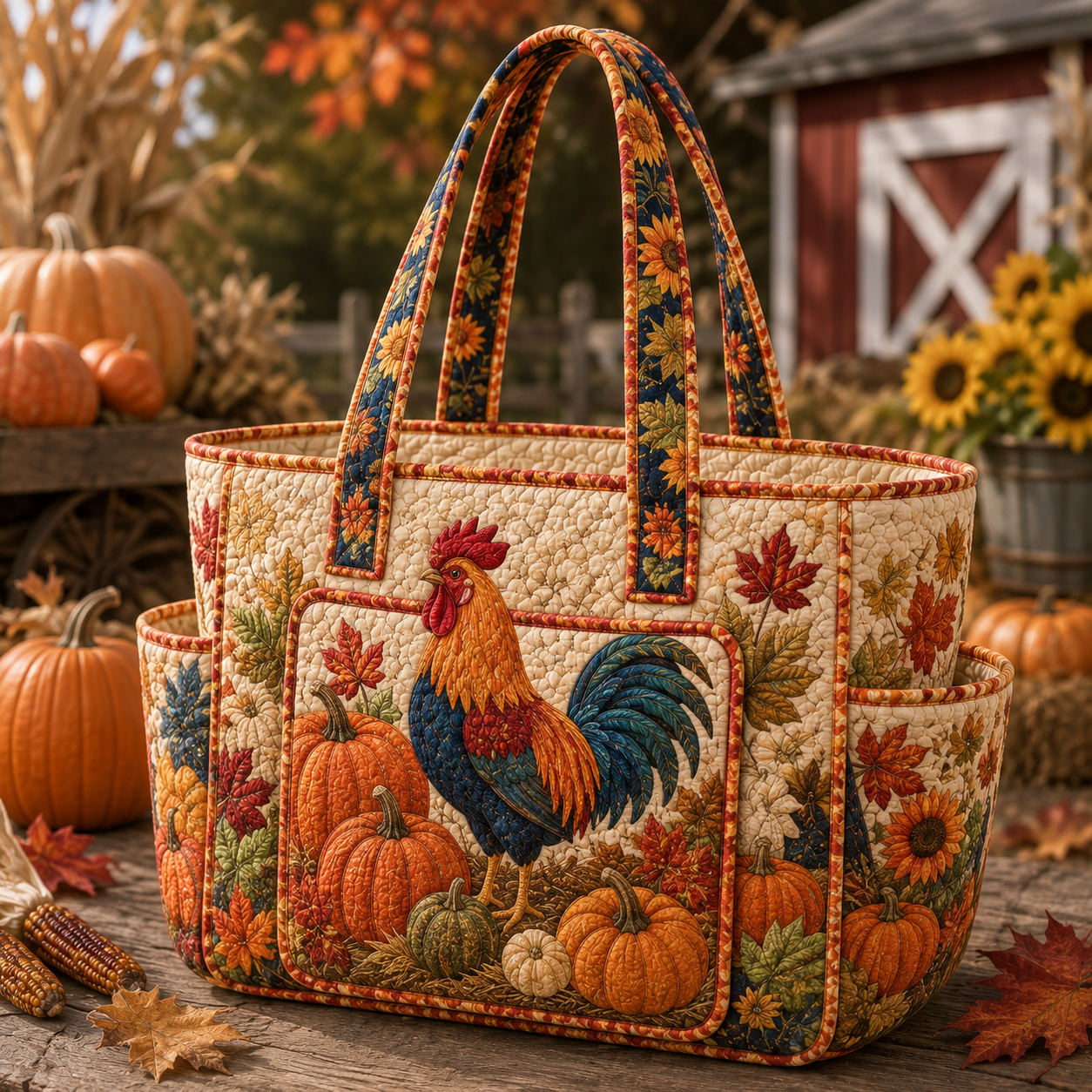 Rooster Pumpkin Harvest Multiple Pockets Quilted Tote Bag