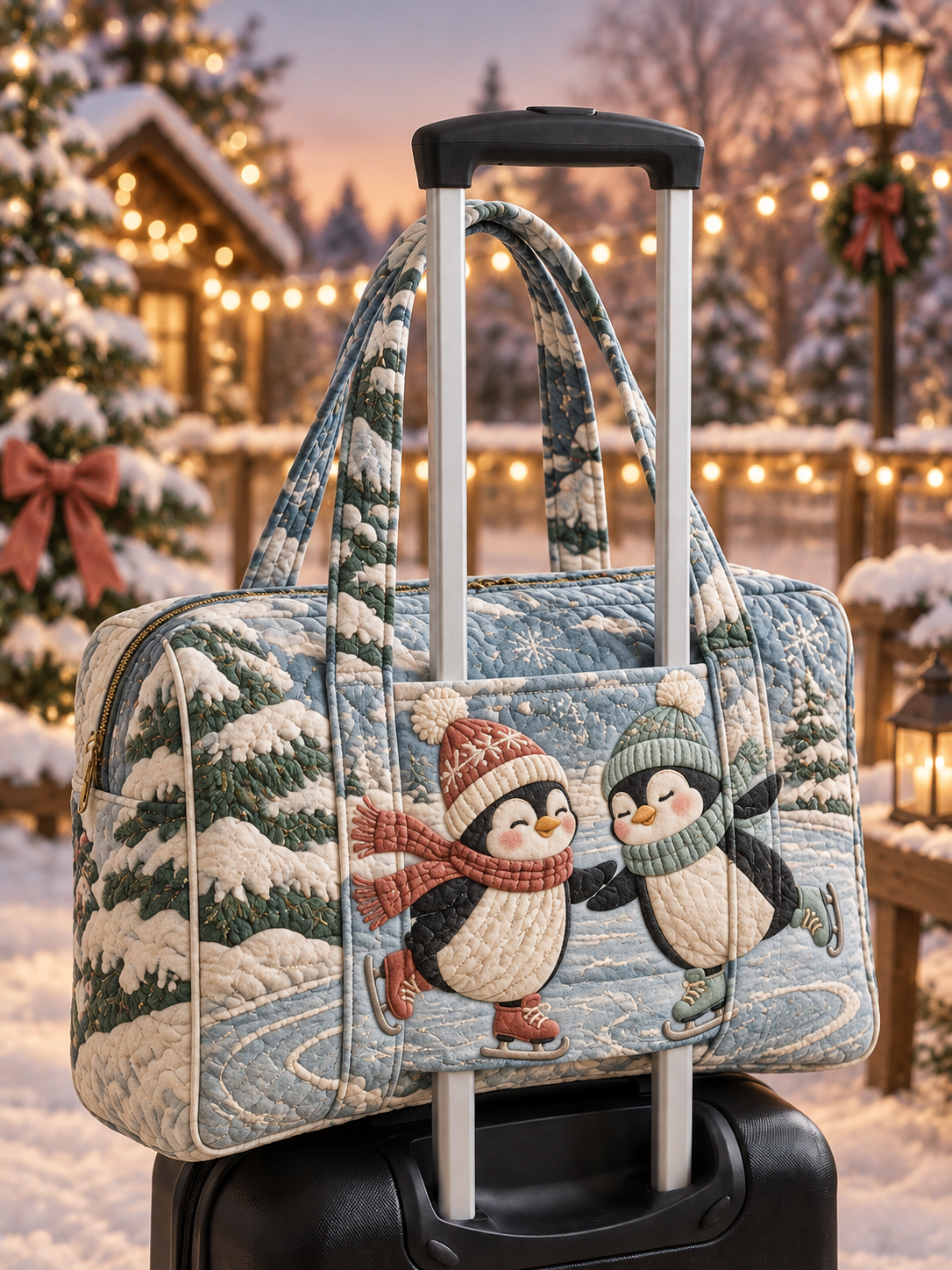 Penguin Snowy Village Christmas Quilted Weekender Bag With Trolley Sleeve