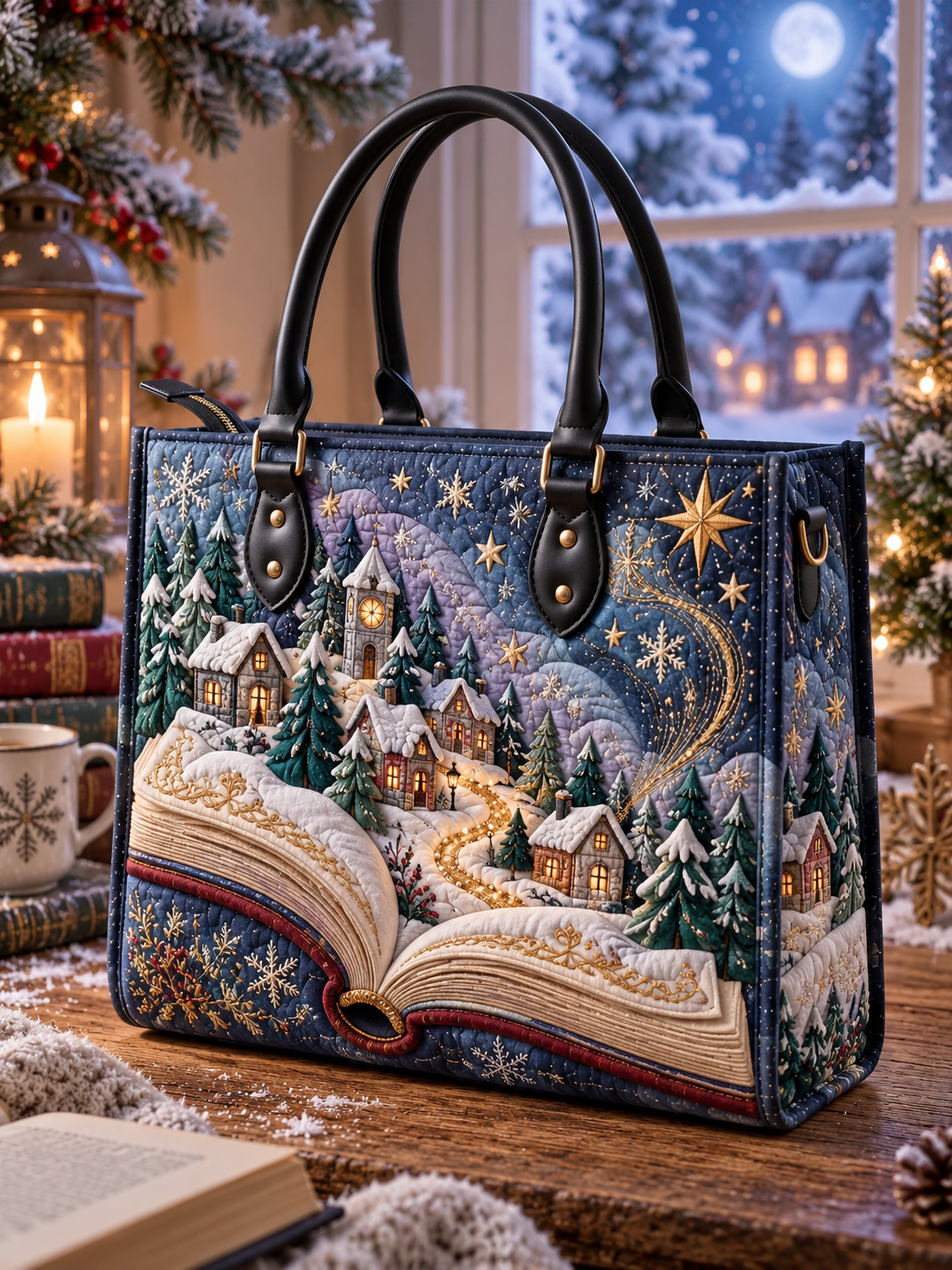 Christmas Storybook Village Quilted Leather Strap Bible Handbag