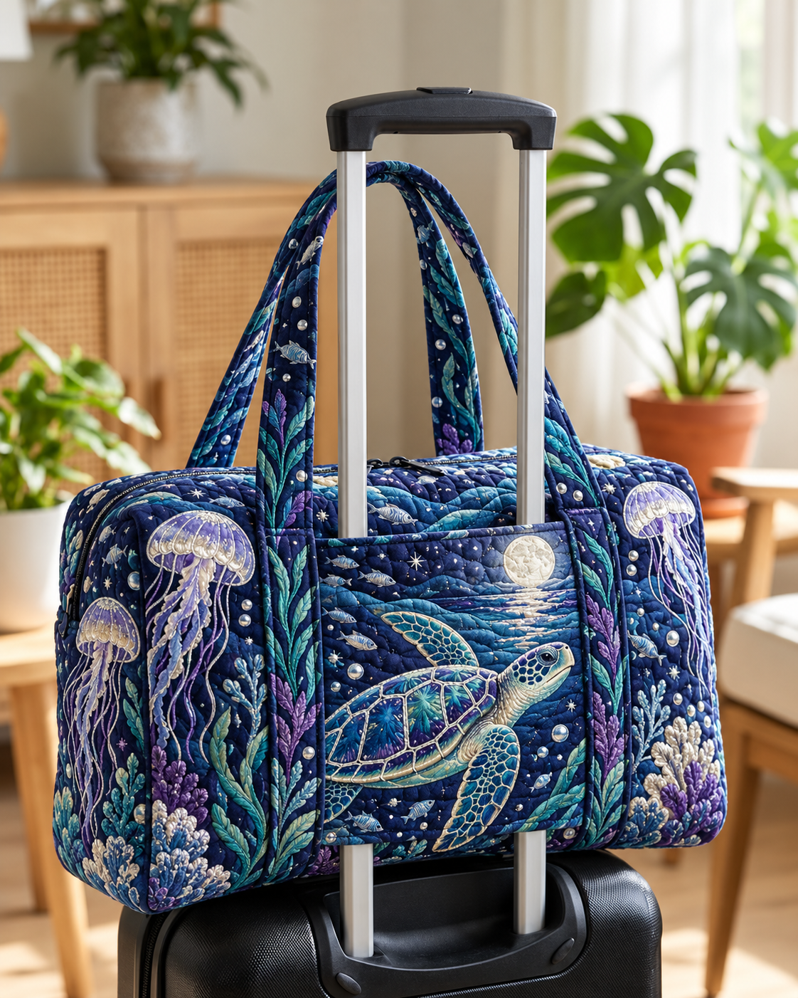 Moonlit Sea Turtle Ocean Quilted Weekender Bag With Trolley Sleeve