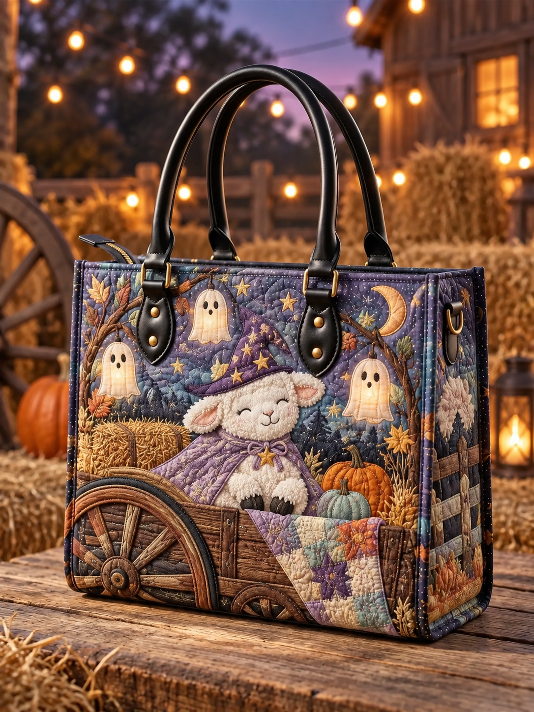 Dreamy Ghost Sheep Wagon Quilted Leather Strap Bible Handbag