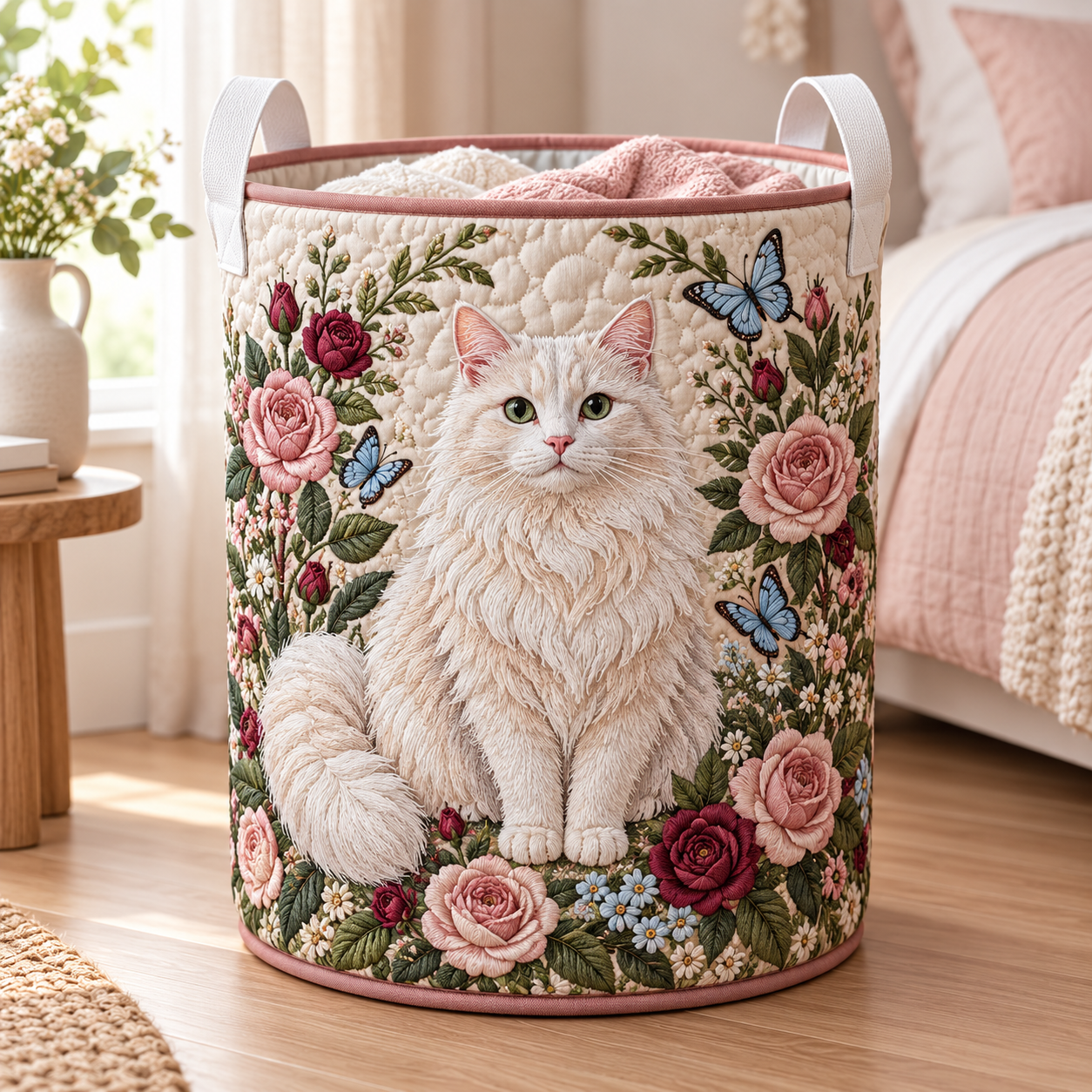 White Cat Rose Garden Quilted Laundry Basket