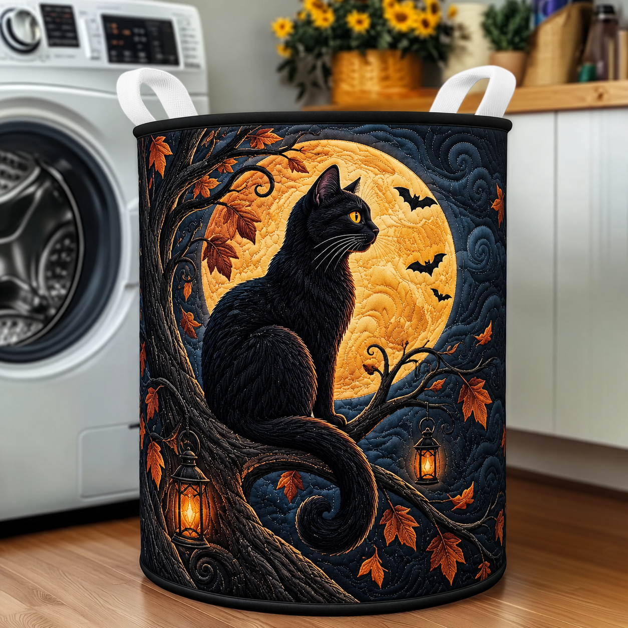 Black Cat Full Moon Halloween Quilted Laundry Basket