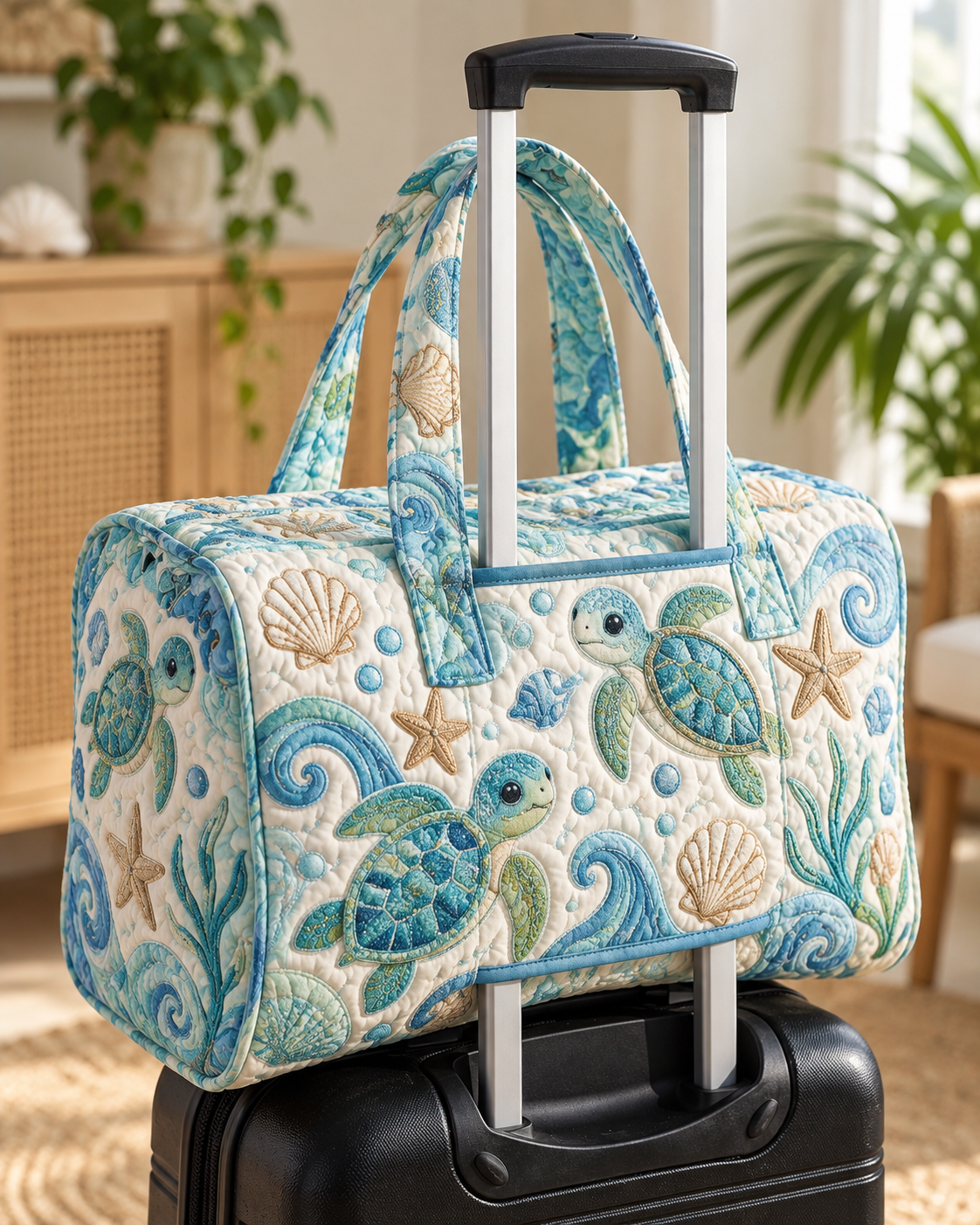 Seashell Sea Turtle Patchwork Quilted Weekender Bag With Trolley Sleeve
