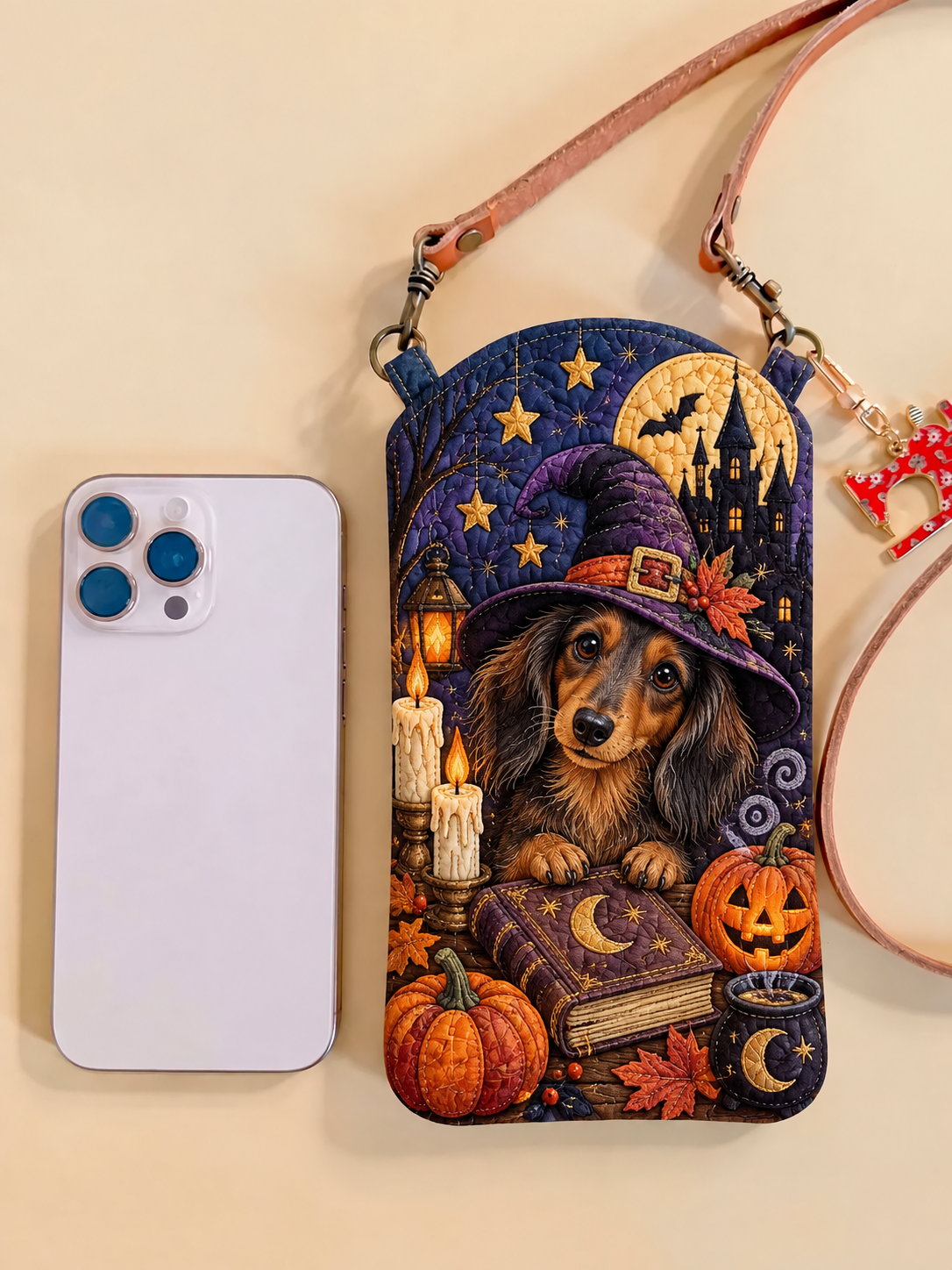 Witch Dachshund Pumpkin Quilted Slim Phone Crossbody Bag
