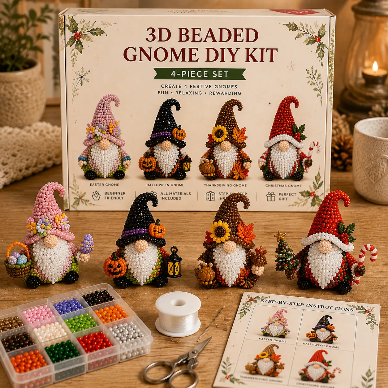3D Beaded Gnome DIY Kit – Collectible Gnome Craft Set (4-Piece Series Collection)