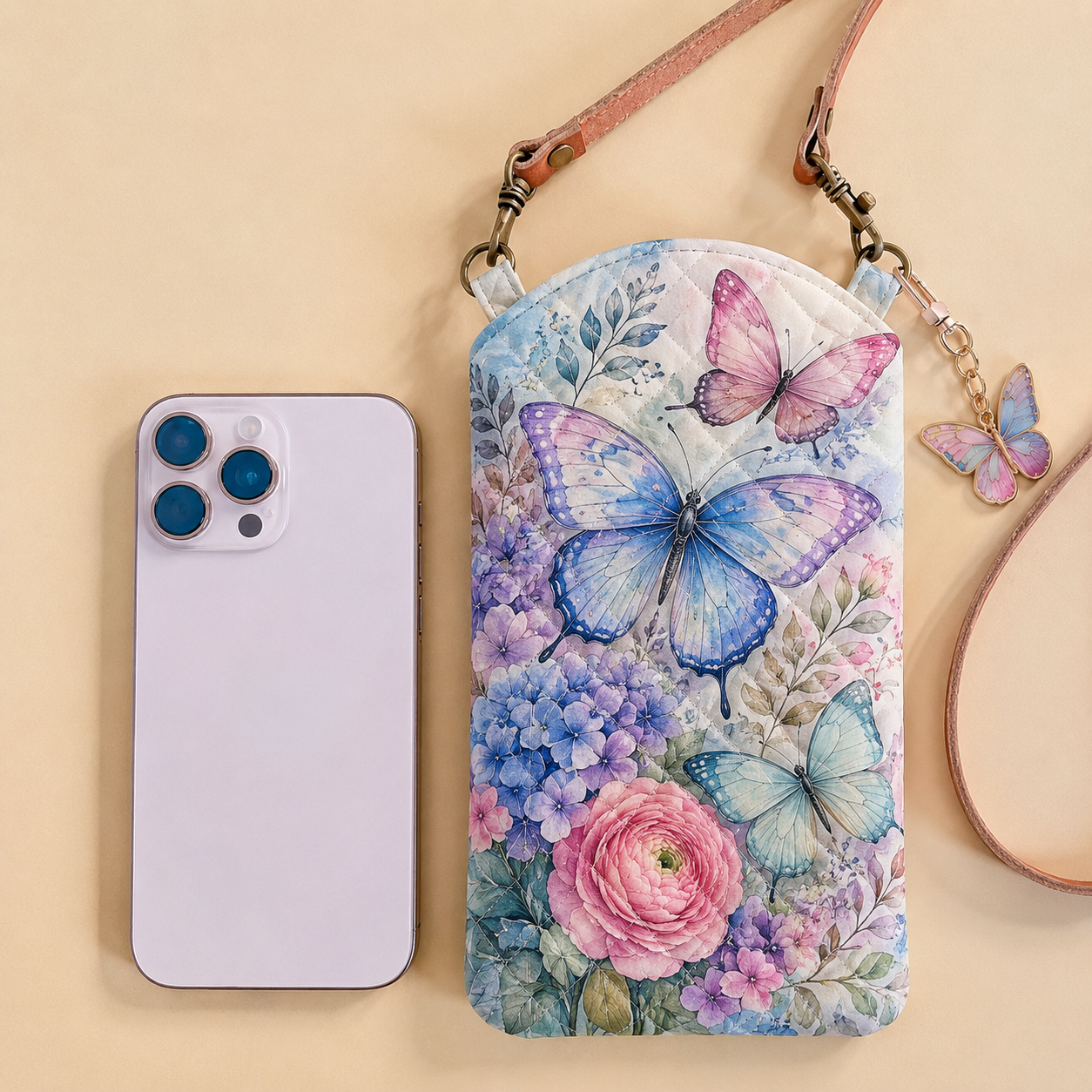 Pastel Butterfly Blossom Quilted Slim Phone Crossbody Bag