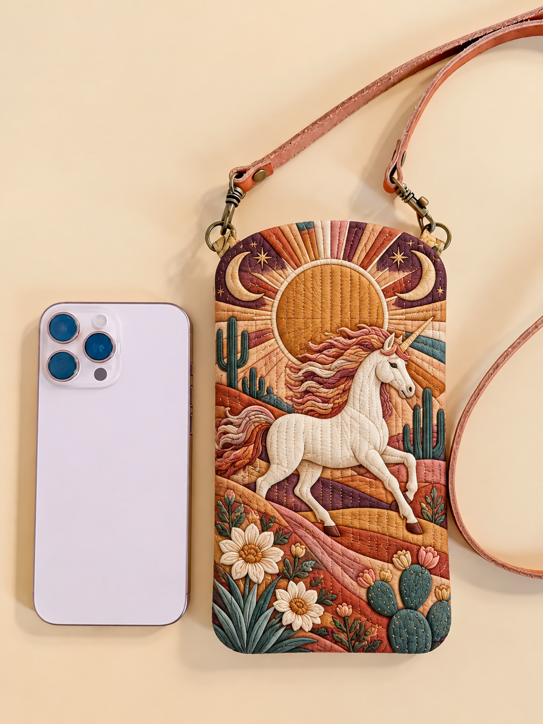 Desert Sunset Unicorn Quilted Slim Phone Crossbody Bag