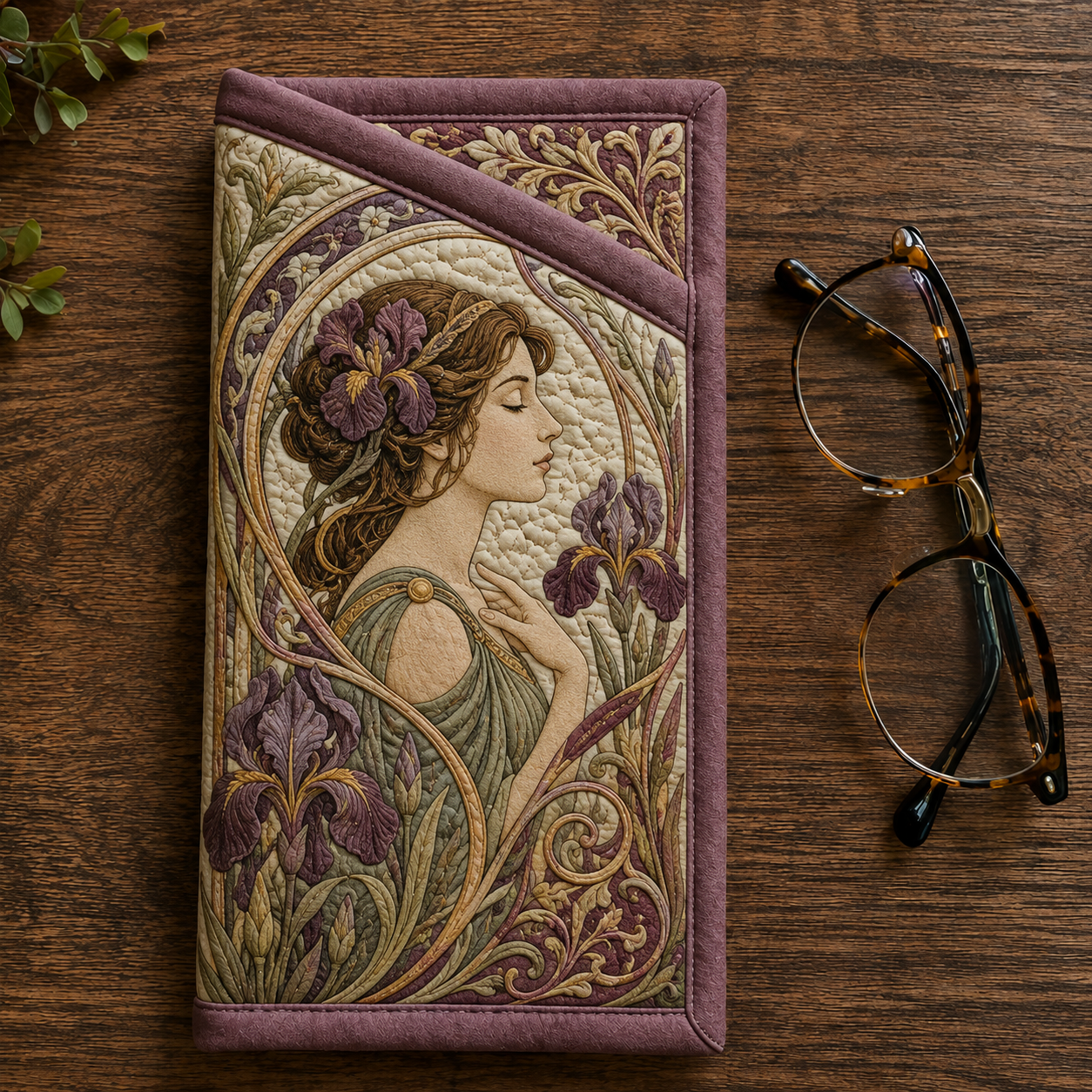 Vintage Lady & Purple Iris Art Quilted Eyeglass Case