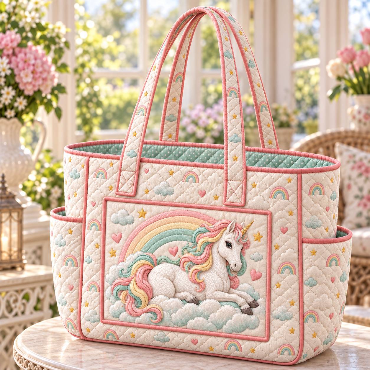 Rainbow Cloud Unicorn Multiple Pockets Quilted Tote Bag