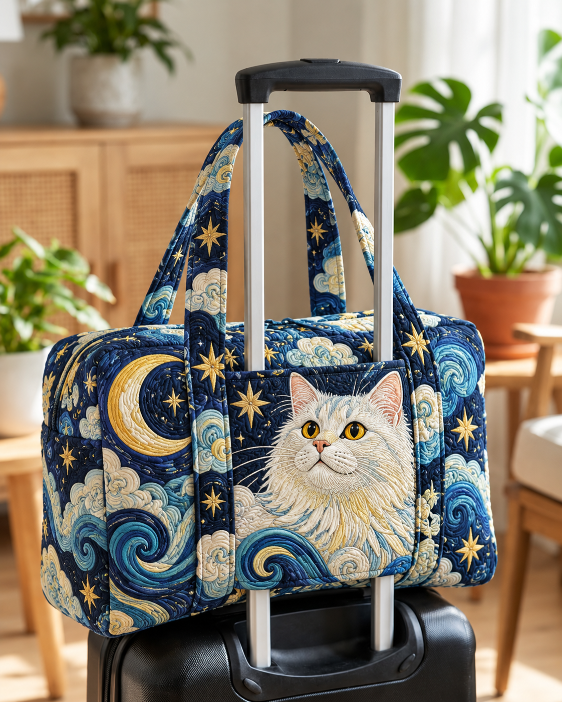 Moonlit White Cat Starry Night Quilted Weekender Bag With Trolley Sleeve