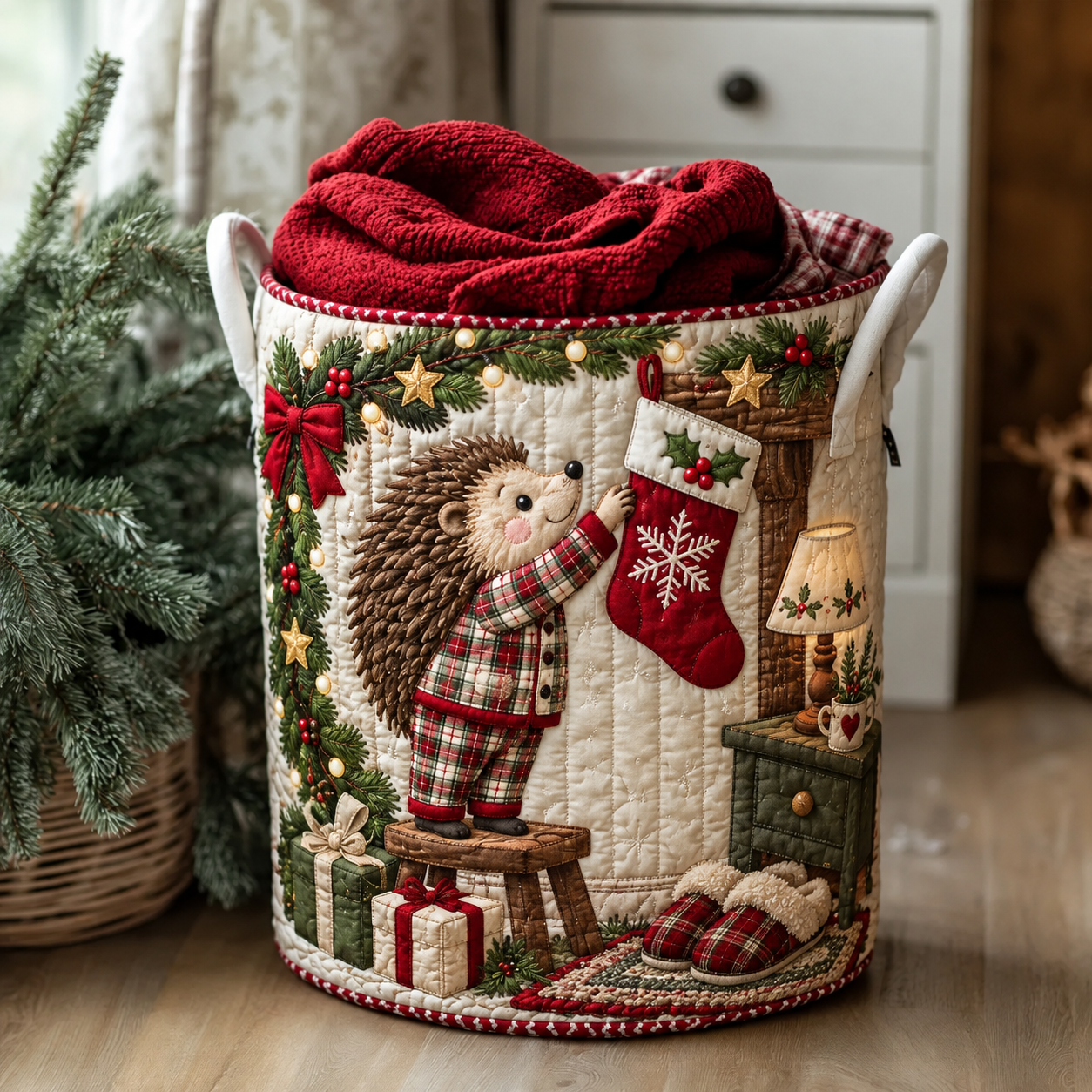Hedgehog Christmas Stocking Quilted Laundry Basket