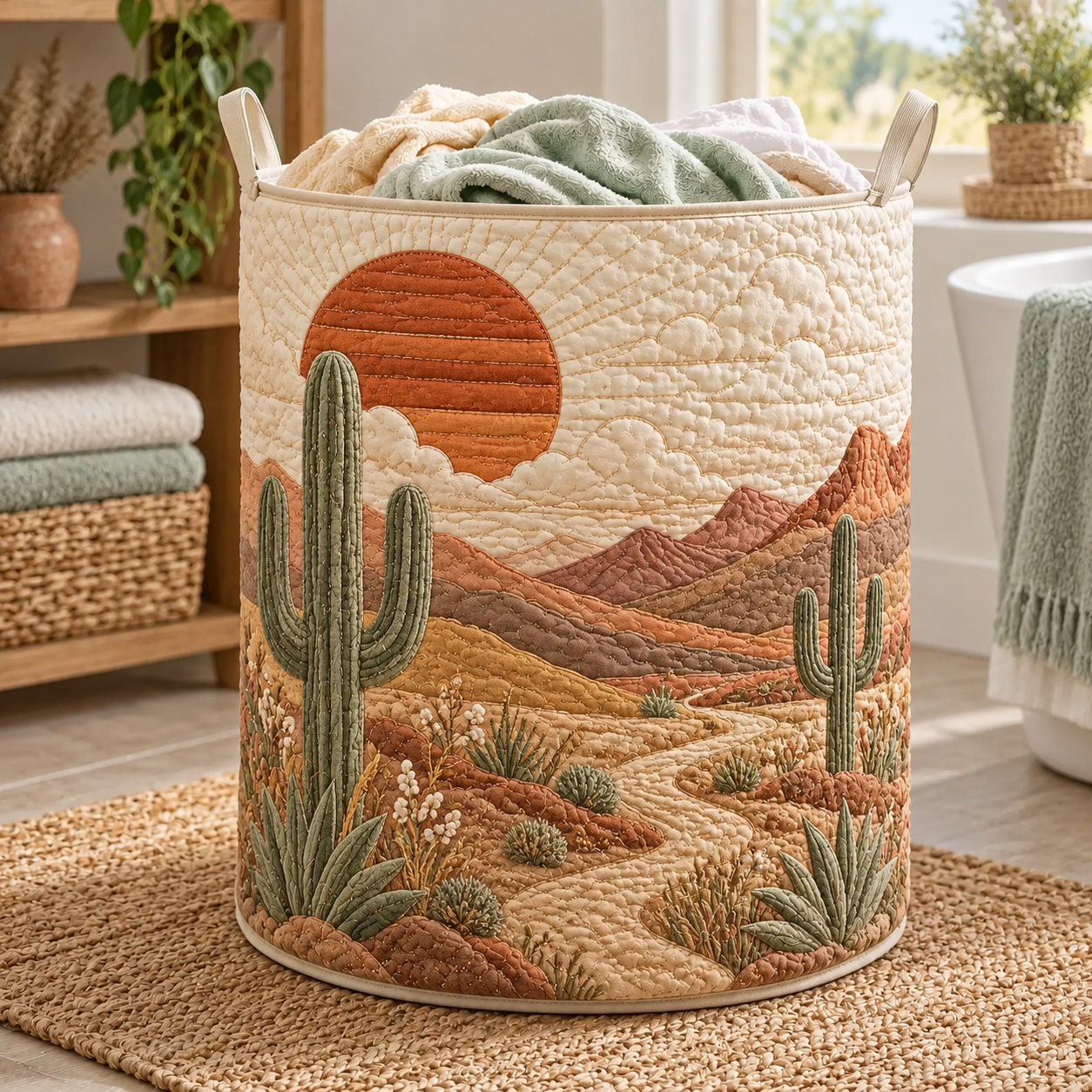 Desert Sunset Cactus Quilted Laundry Basket