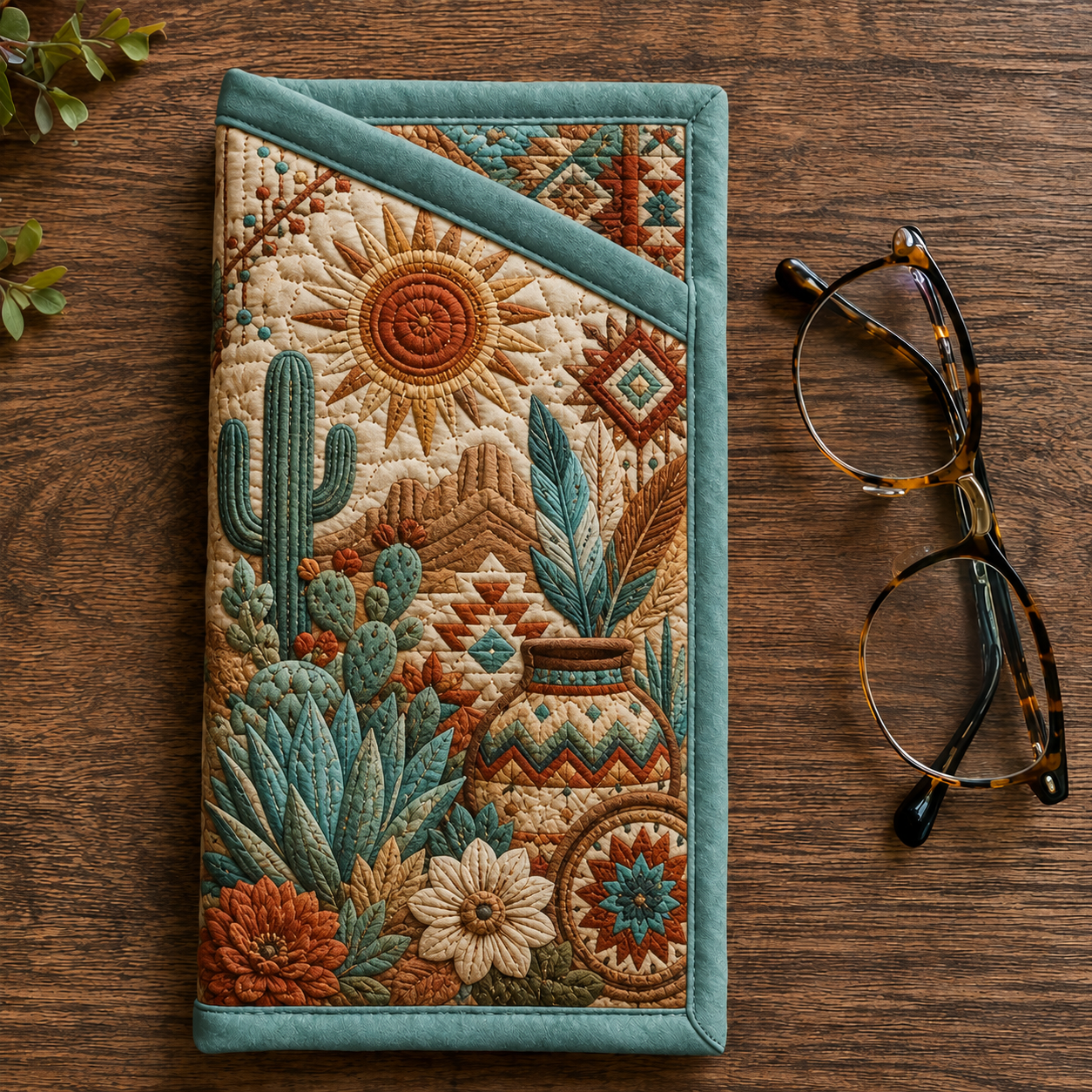 Southwestern Desert Cactus Pattern Quilted Eyeglass Case
