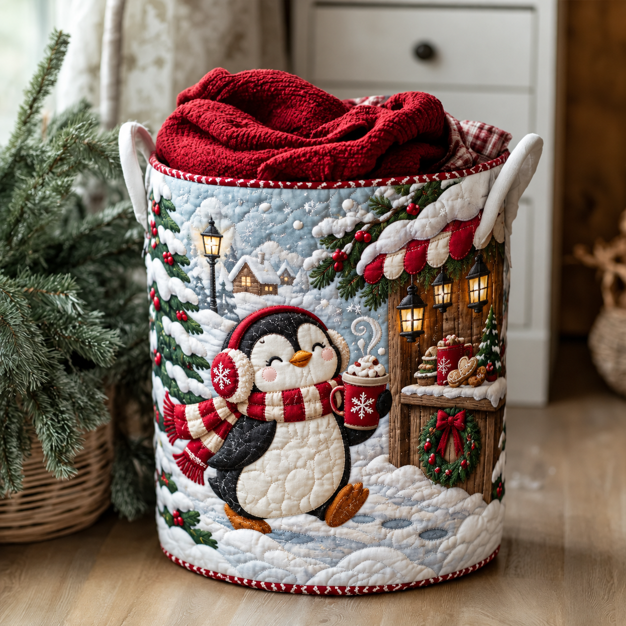 Penguin Snowy Christmas Village Quilted Laundry Basket