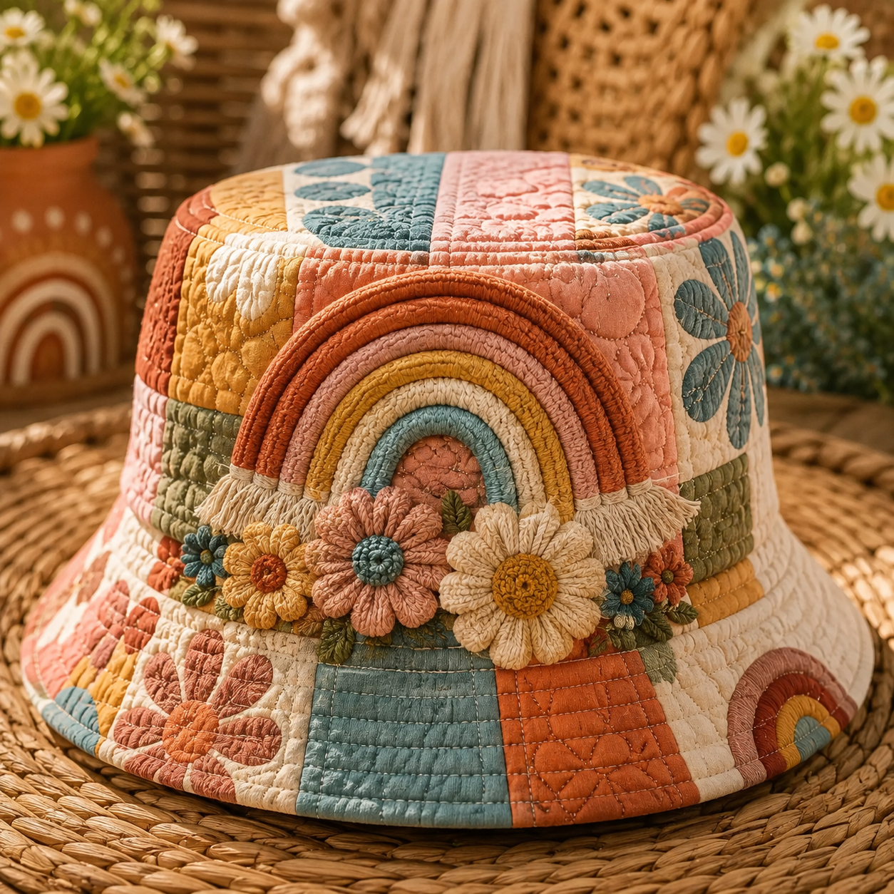 Pastel Rainbow Floral Patchwork Patchwork Quilted Fishing Hat