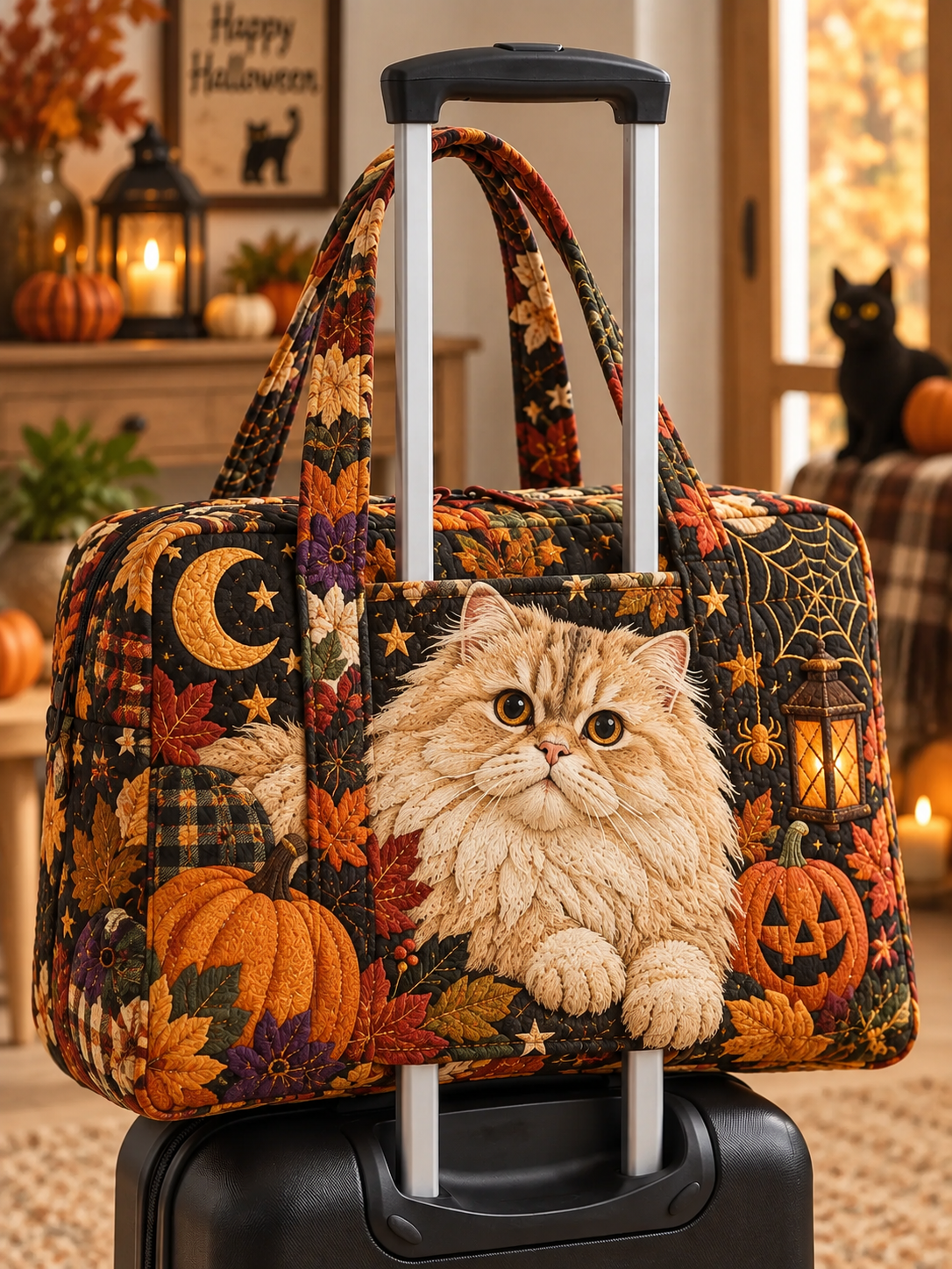 Fluffy Persian Cat Pumpkin Quilted Weekender Bag With Trolley Sleeve