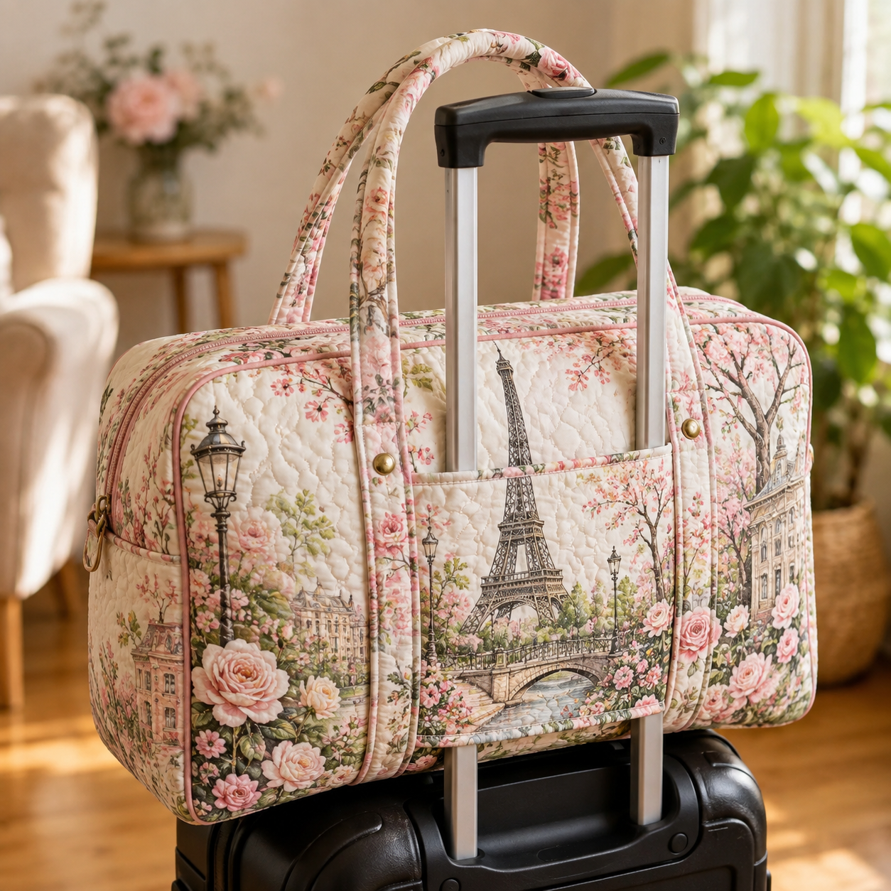 Paris Rose Garden Quilted Weekender Bag With Trolley Sleeve