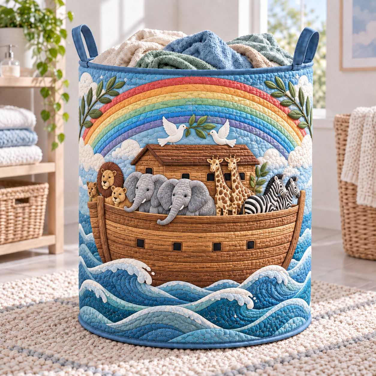 Noah’s Ark Rainbow Quilted Laundry Basket