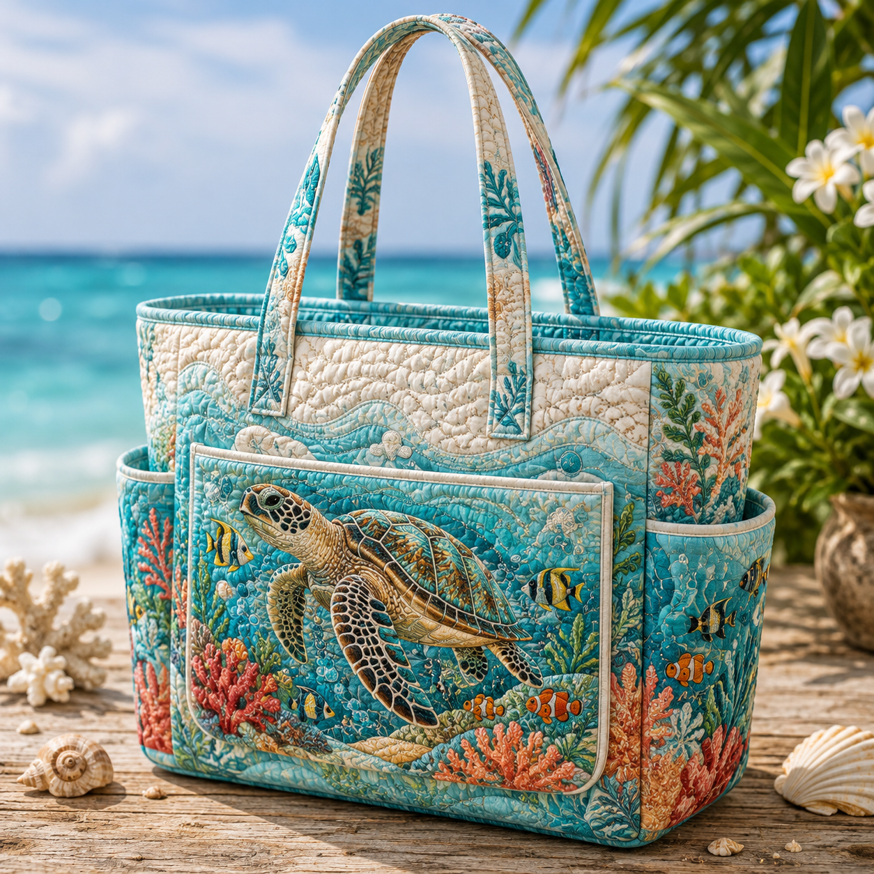 Sea Turtle Coral Reef Multiple Pockets Quilted Tote Bag