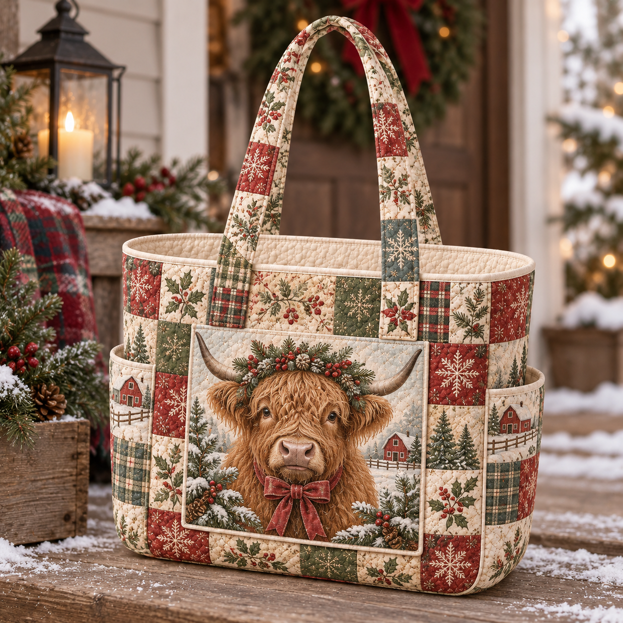 Holiday Highland Cow Patchwork Multiple Pockets Quilted Tote Bag