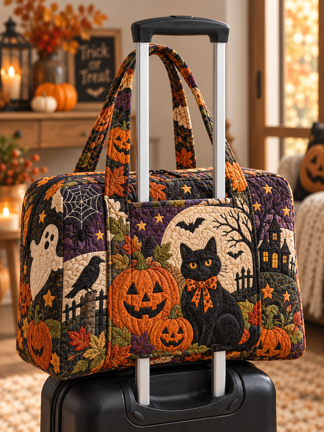 Black Cat Haunted House Quilted Weekender Bag With Trolley Sleeve