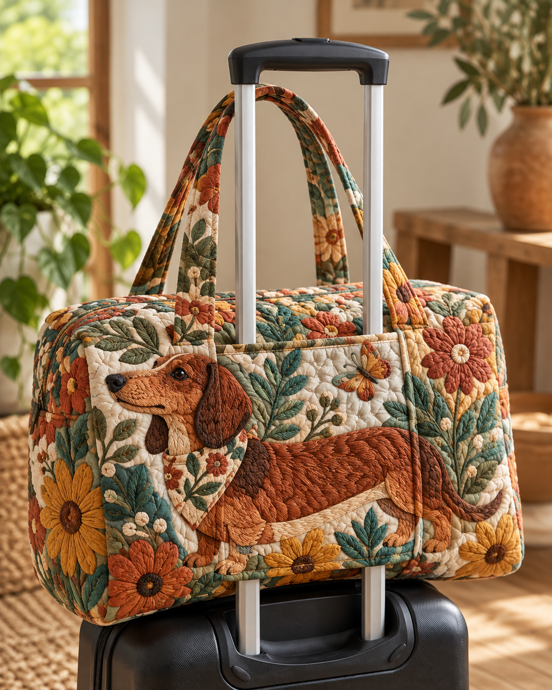 Dachshund Sunflower Garden Quilted Weekender Bag With Trolley Sleeve