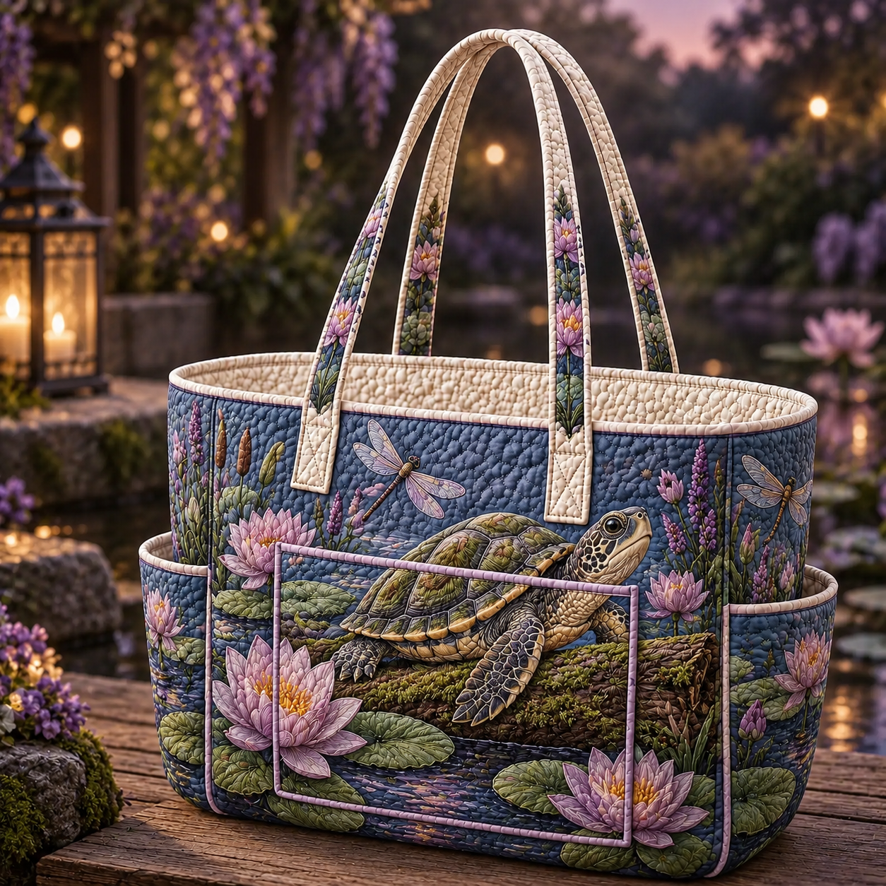 Purple Lotus Sea Turtle Garden Multiple Pockets Quilted Tote Bag