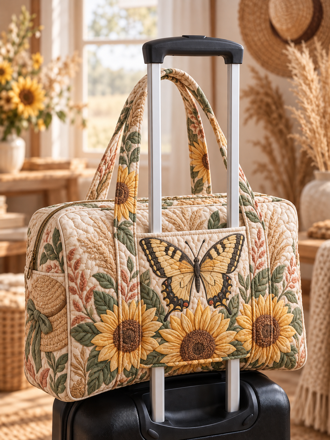 Sunflower Butterfly Meadow Quilted Weekender Bag With Trolley Sleeve