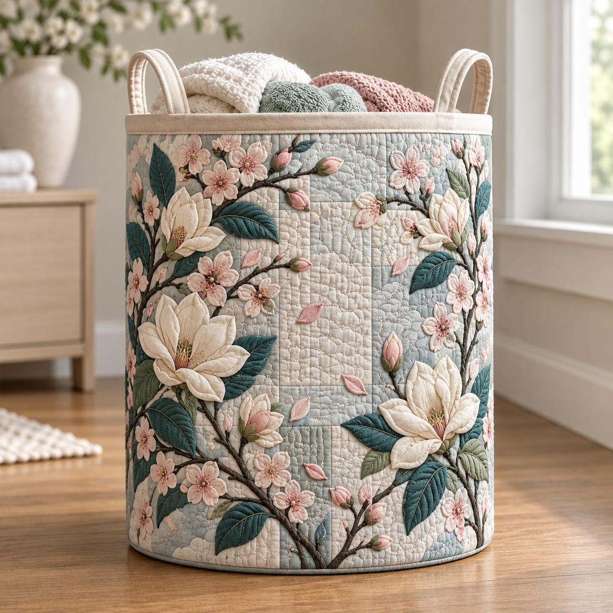 Magnolia Blossom Garden Quilted Laundry Basket