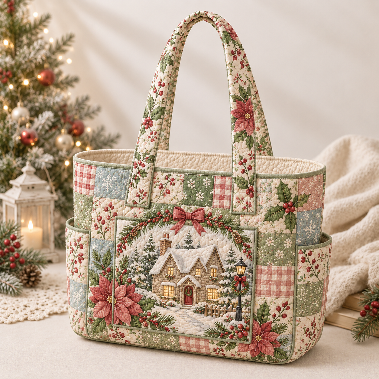Christmas Village Patchwork Multiple Pockets Quilted Tote Bag
