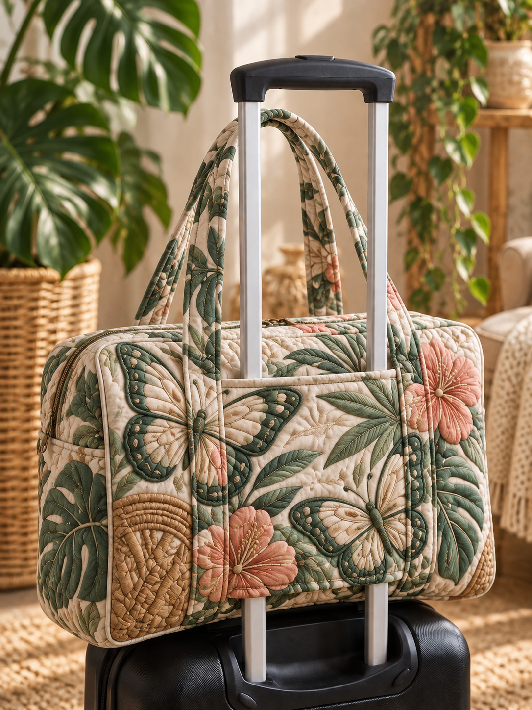 Tropical Leaf & Pink Blossom Quilted Weekender Bag With Trolley Sleeve