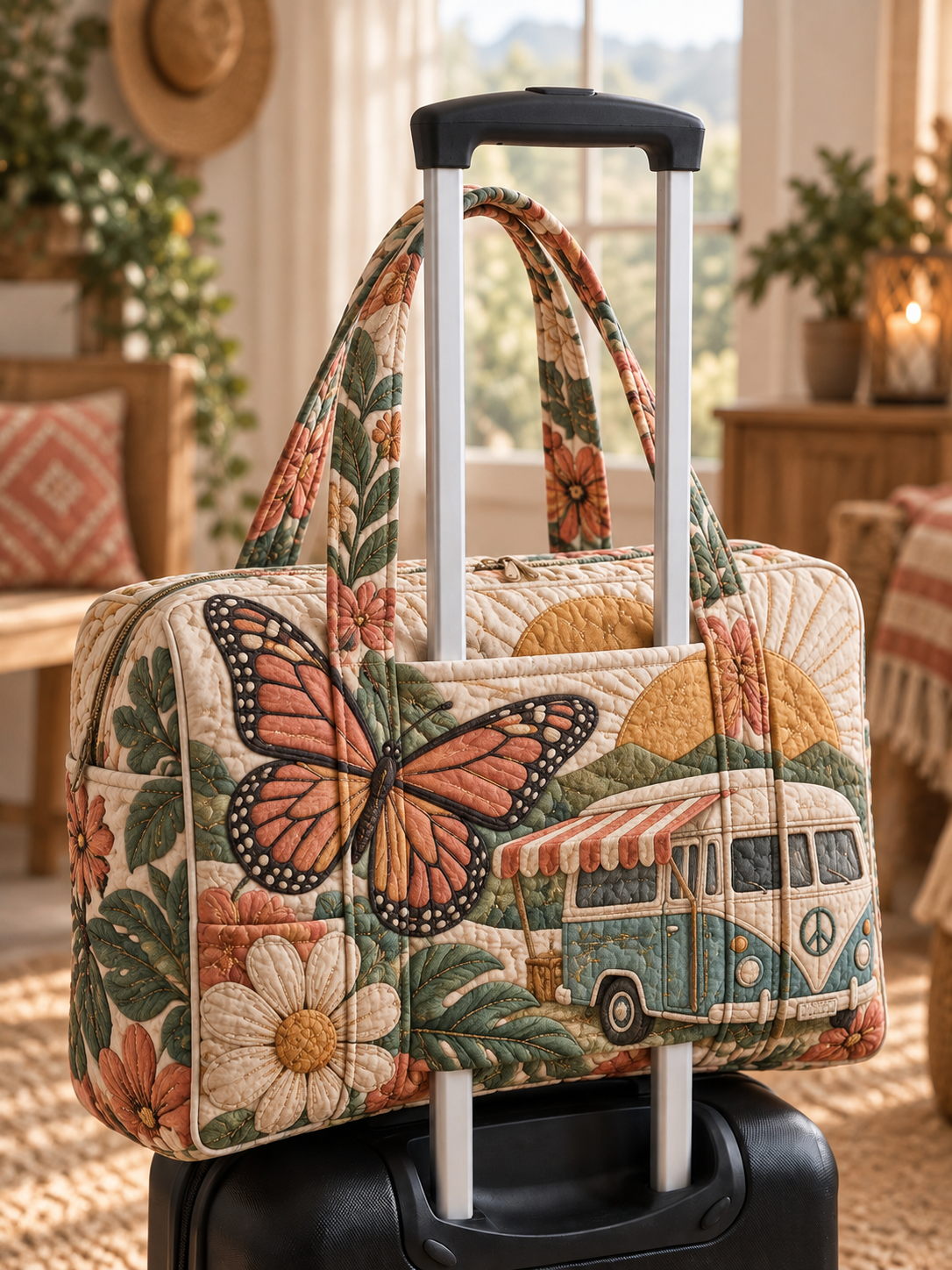 Butterfly Camper Van Adventure Quilted Weekender Bag With Trolley Sleeve