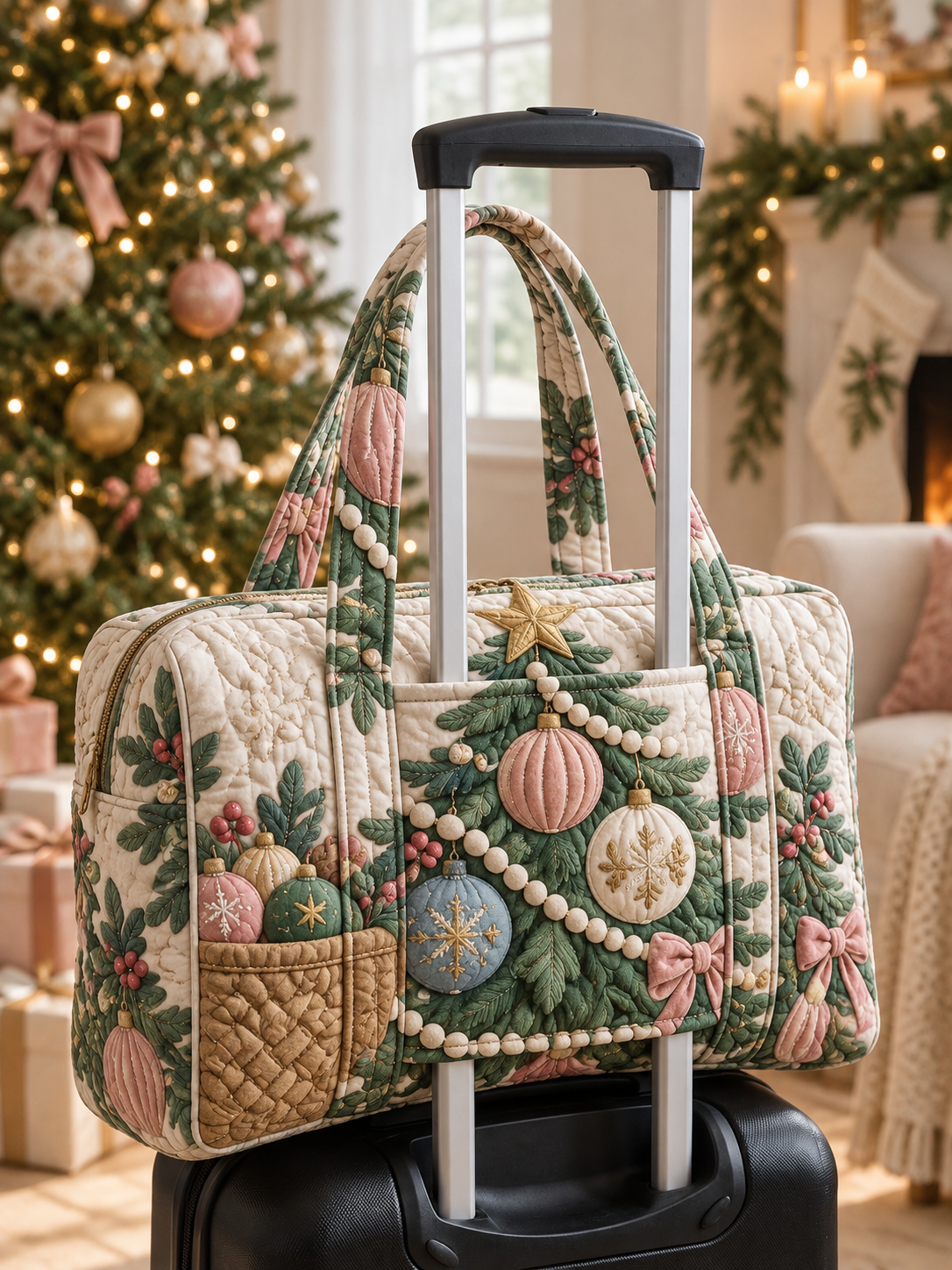 Pastel Ornament Holiday Garden Quilted Weekender Bag With Trolley Sleeve