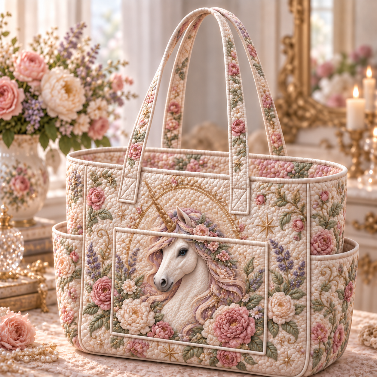 Rose Garden Unicorn Multiple Pockets Quilted Tote Bag