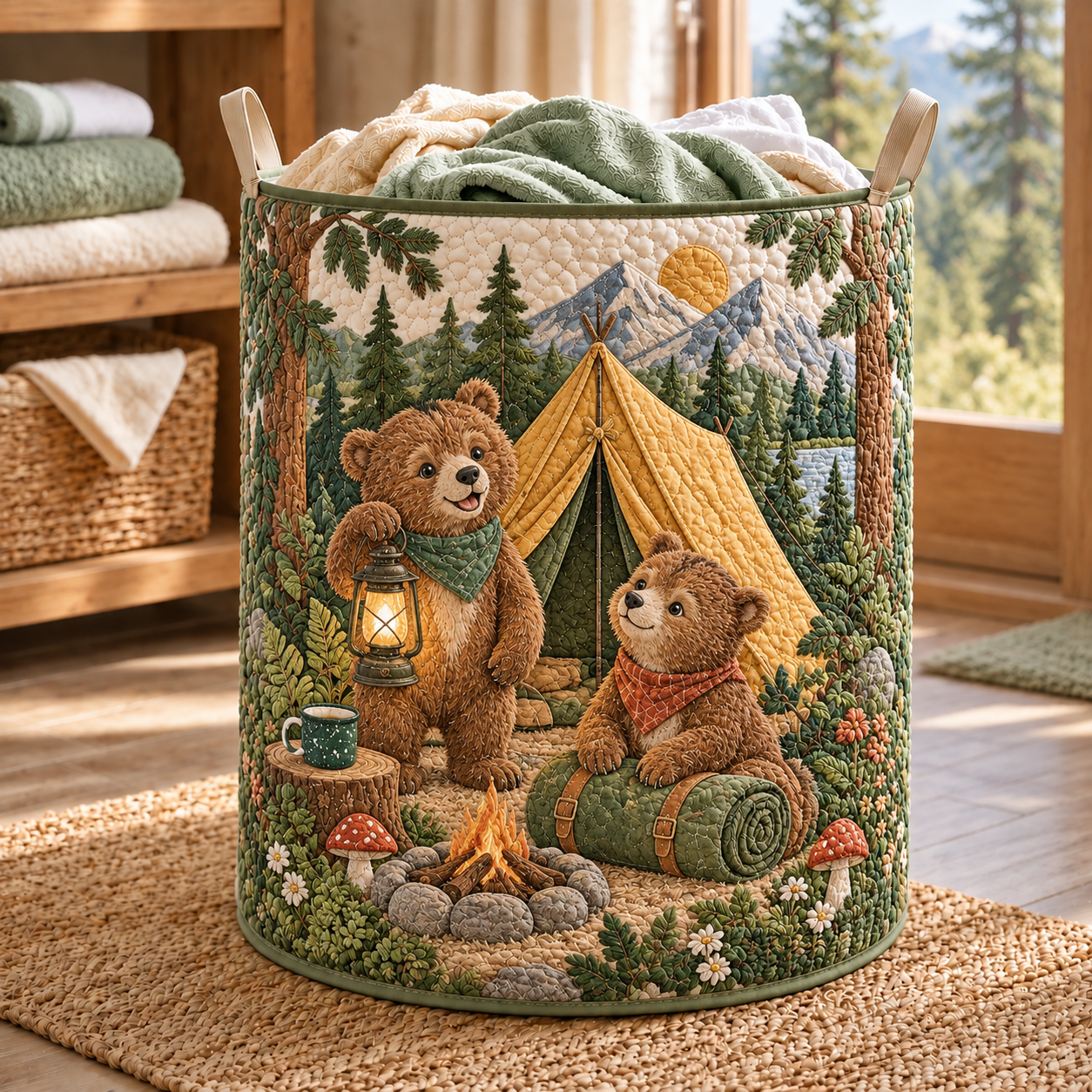 Bear and Bunny Campsite Quilted Laundry Basket