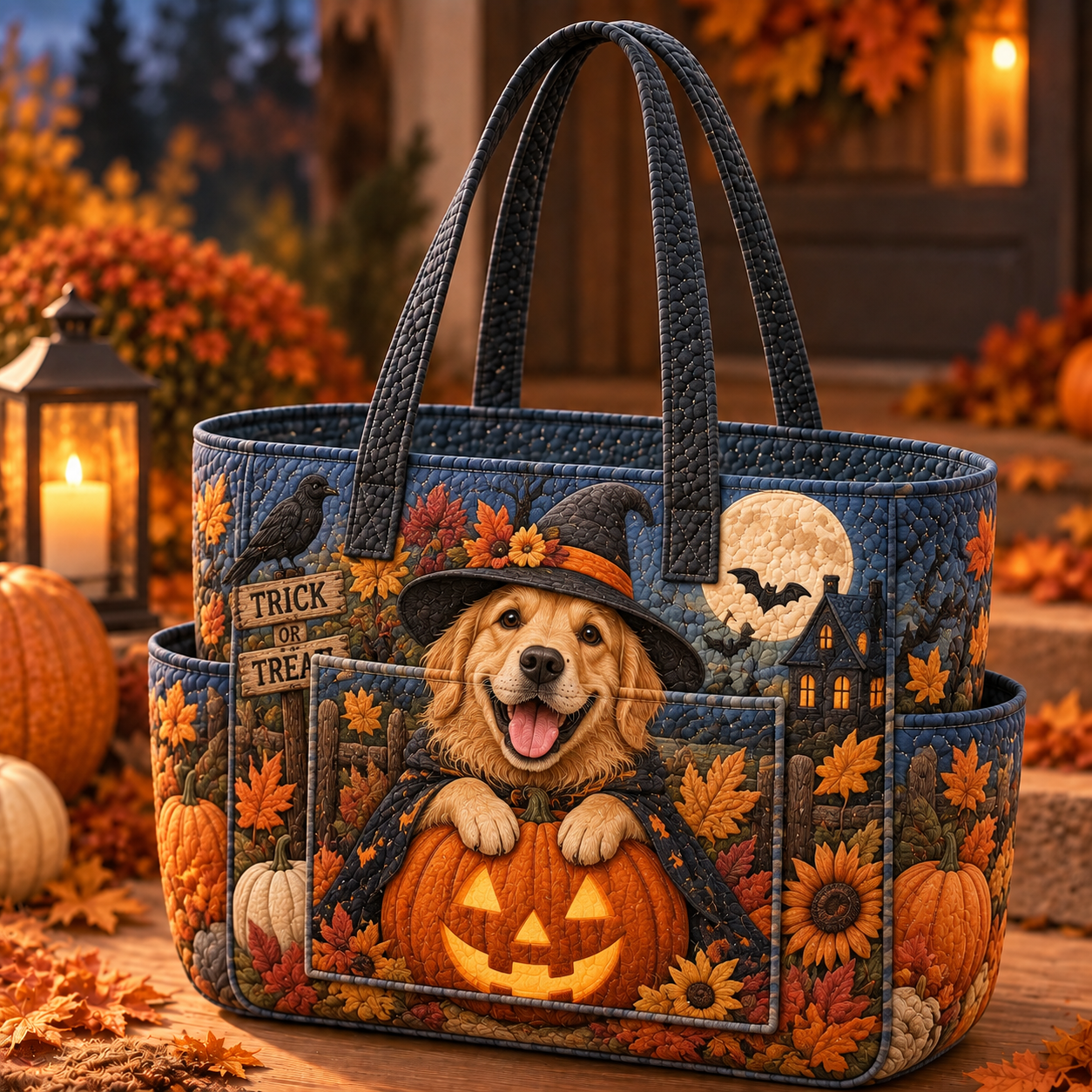 Golden Retriever Pumpkin Patch Multiple Pockets Quilted Tote Bag