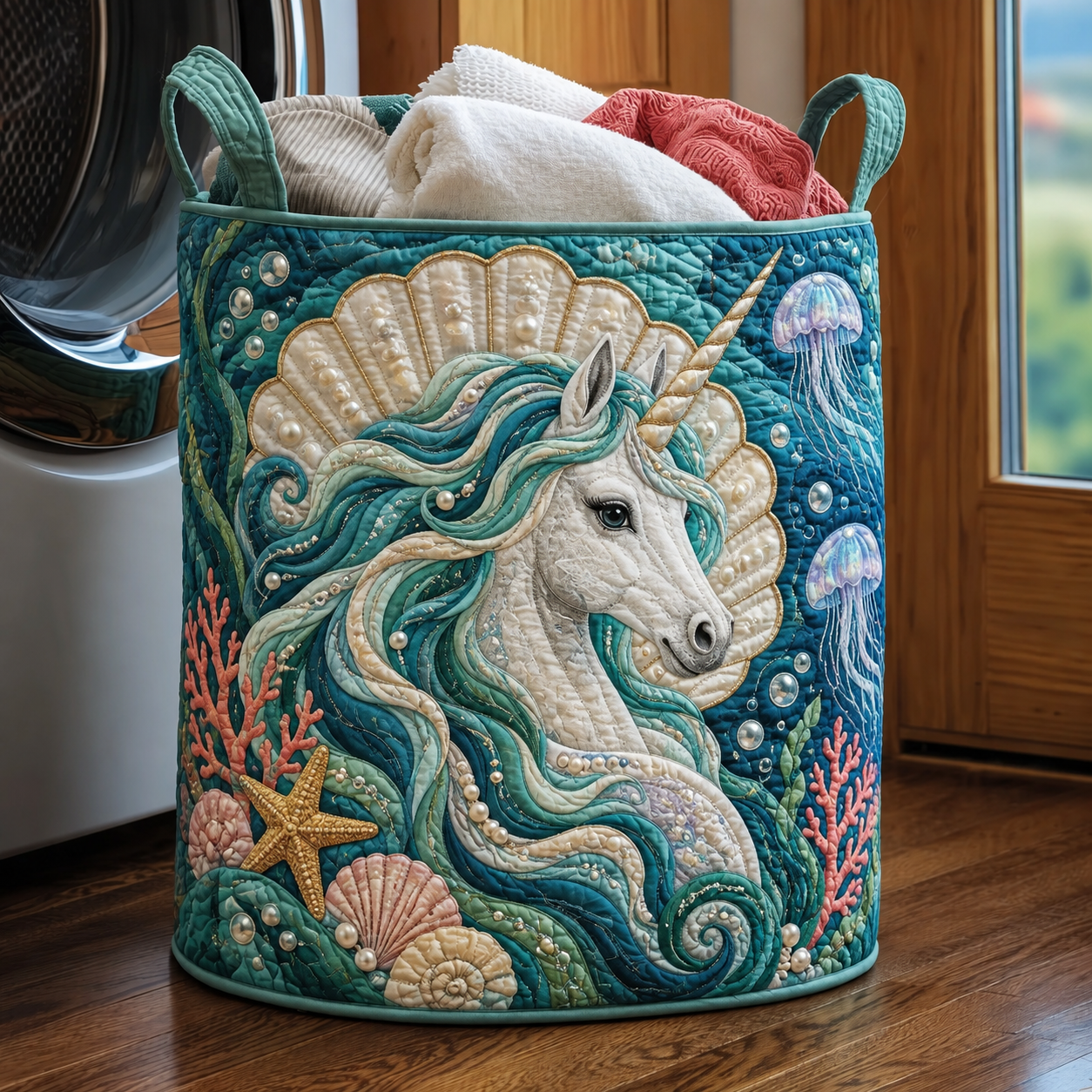 Ocean Pearl Unicorn Quilted Laundry Basket