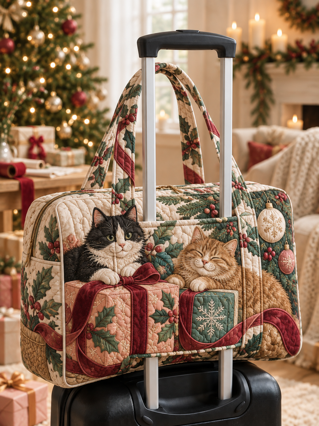 Christmas Cats & Gift Boxes Quilted Weekender Bag With Trolley Sleeve