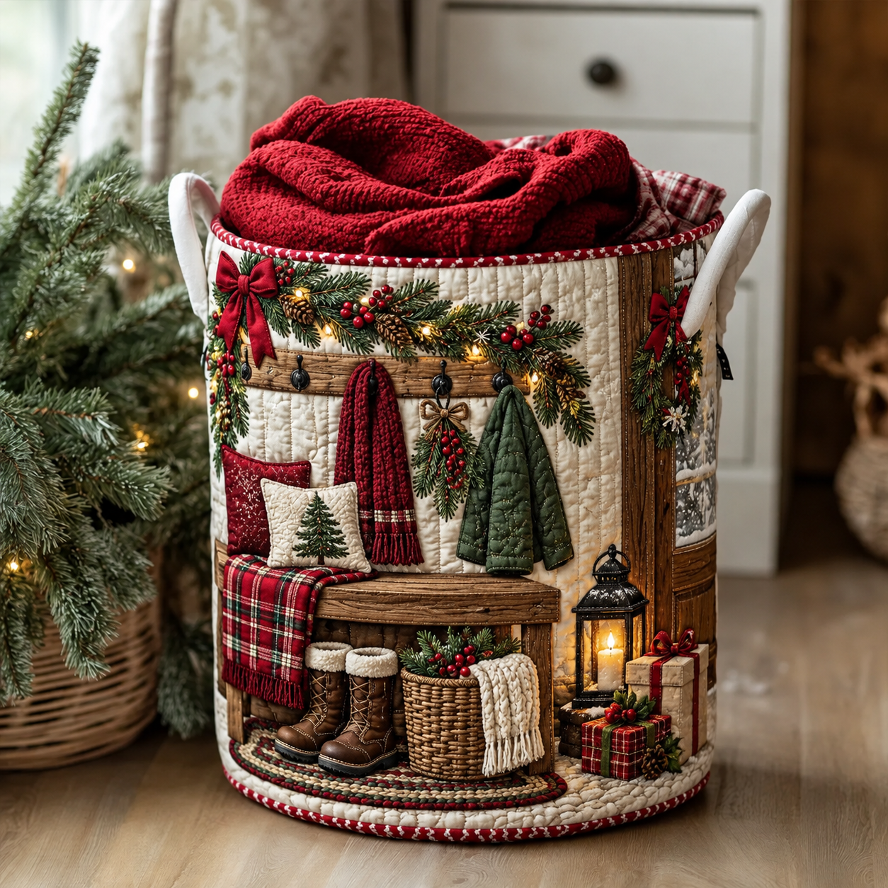 Cozy Winter Entryway Quilted Laundry Basket