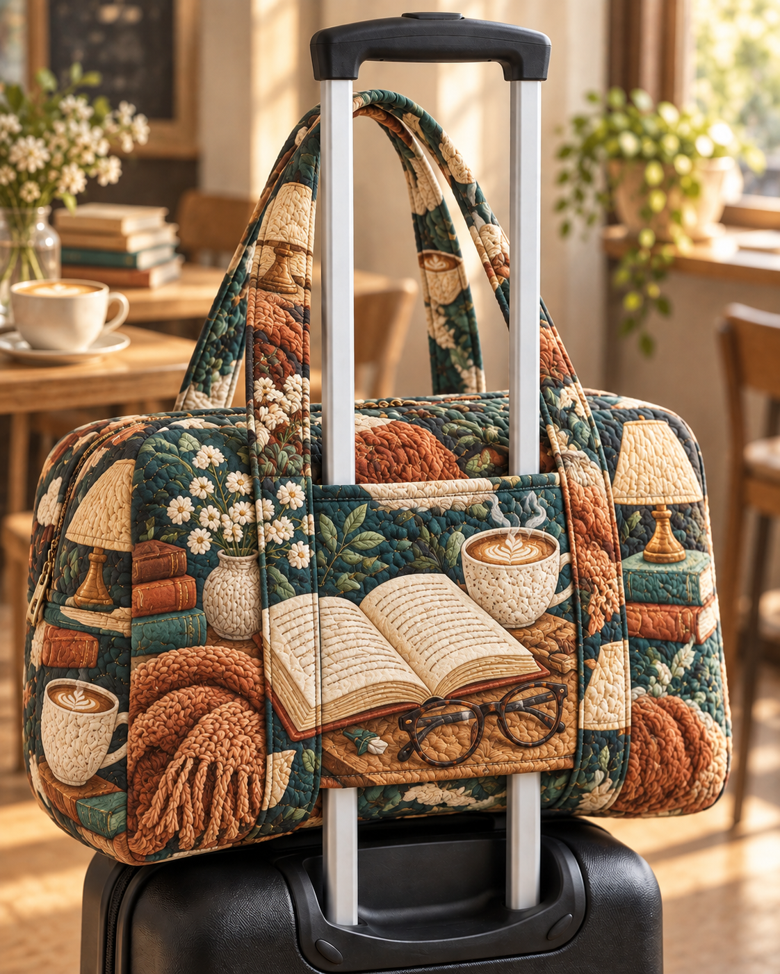 Cozy Book Café Quilted Weekender Bag With Trolley Sleeve