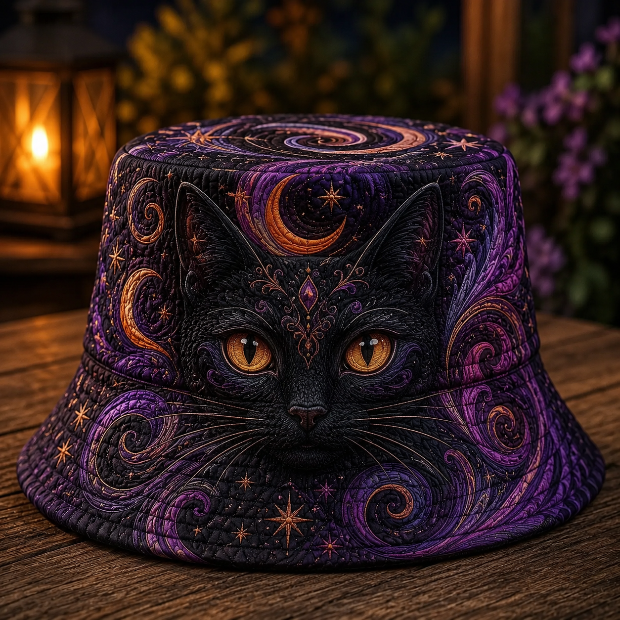 Black Cat Cosmic Moon Quilted Fishing Hat